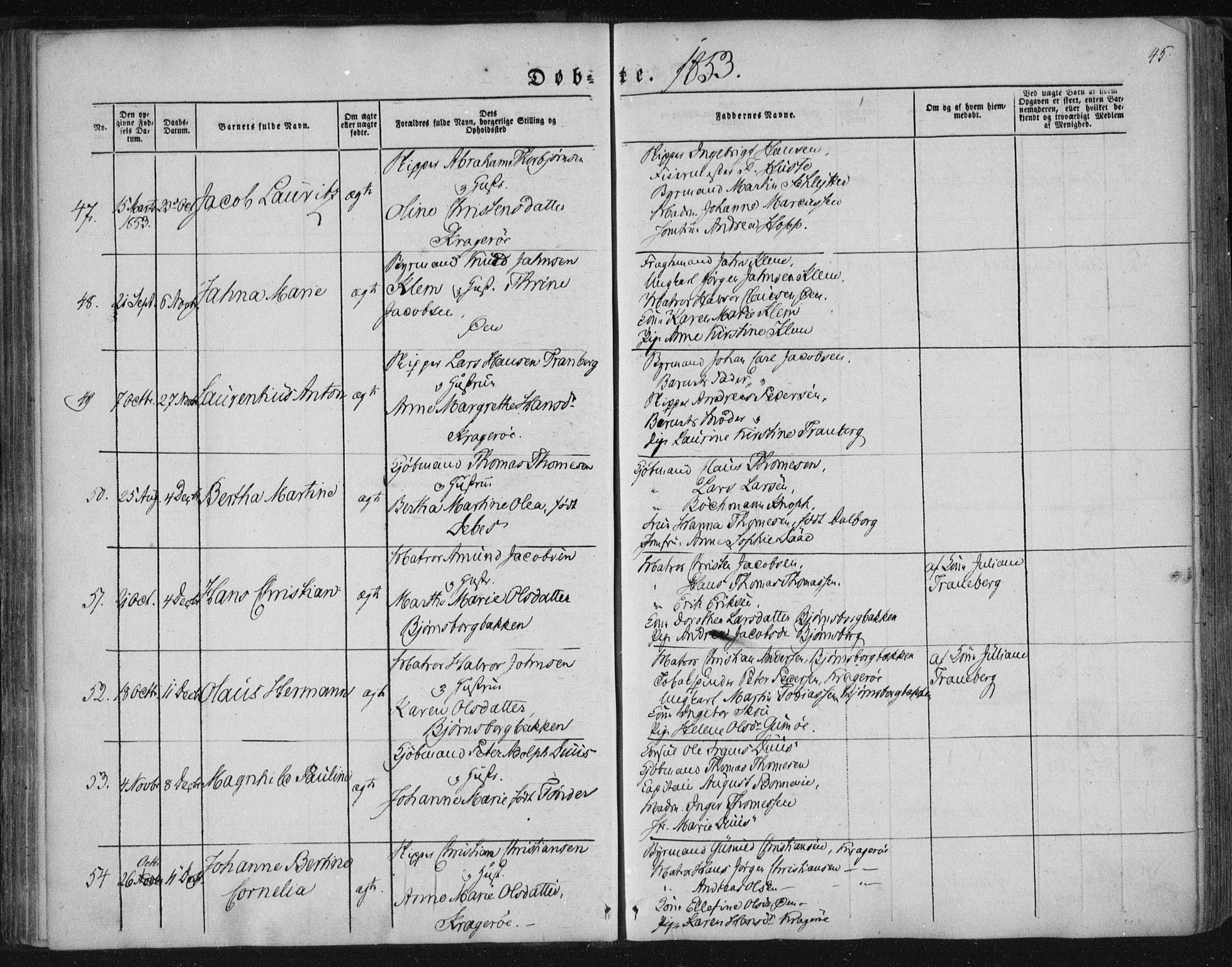 Kragerø kirkebøker, SAKO/A-278/F/Fa/L0006: Parish register (official) no. 6, 1847-1861, p. 45