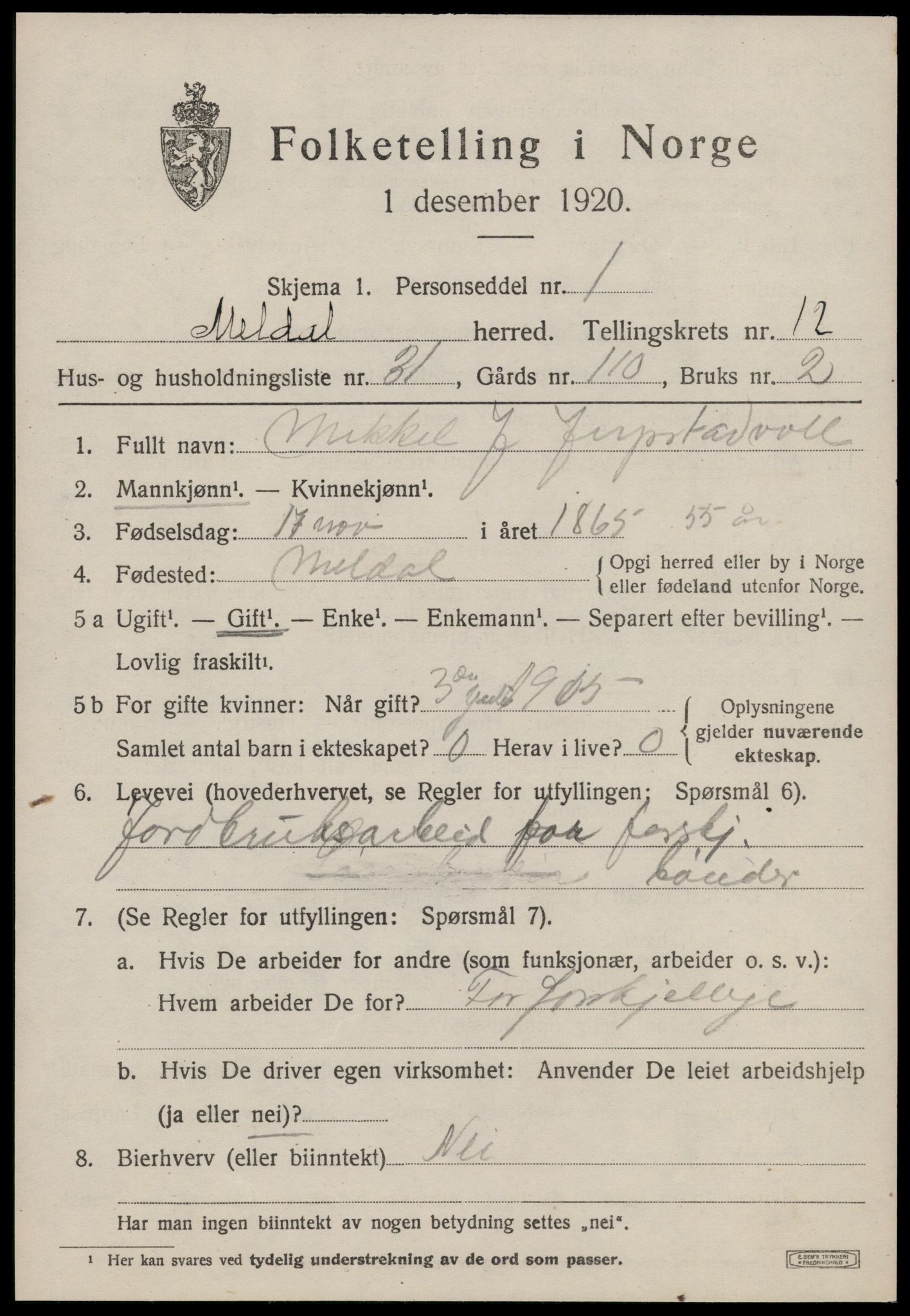 SAT, 1920 census for Meldal, 1920, p. 9465