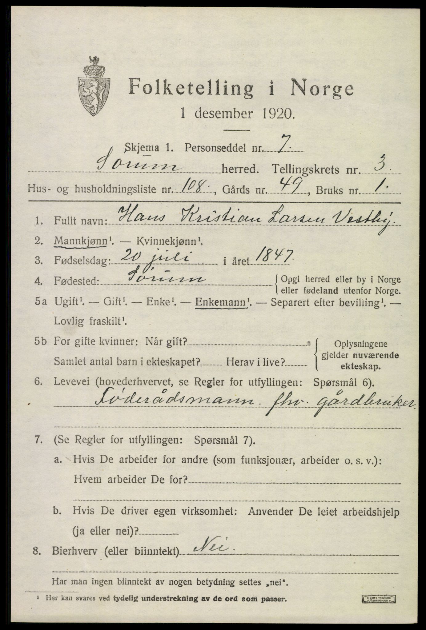 SAO, 1920 census for Sørum, 1920, p. 3401