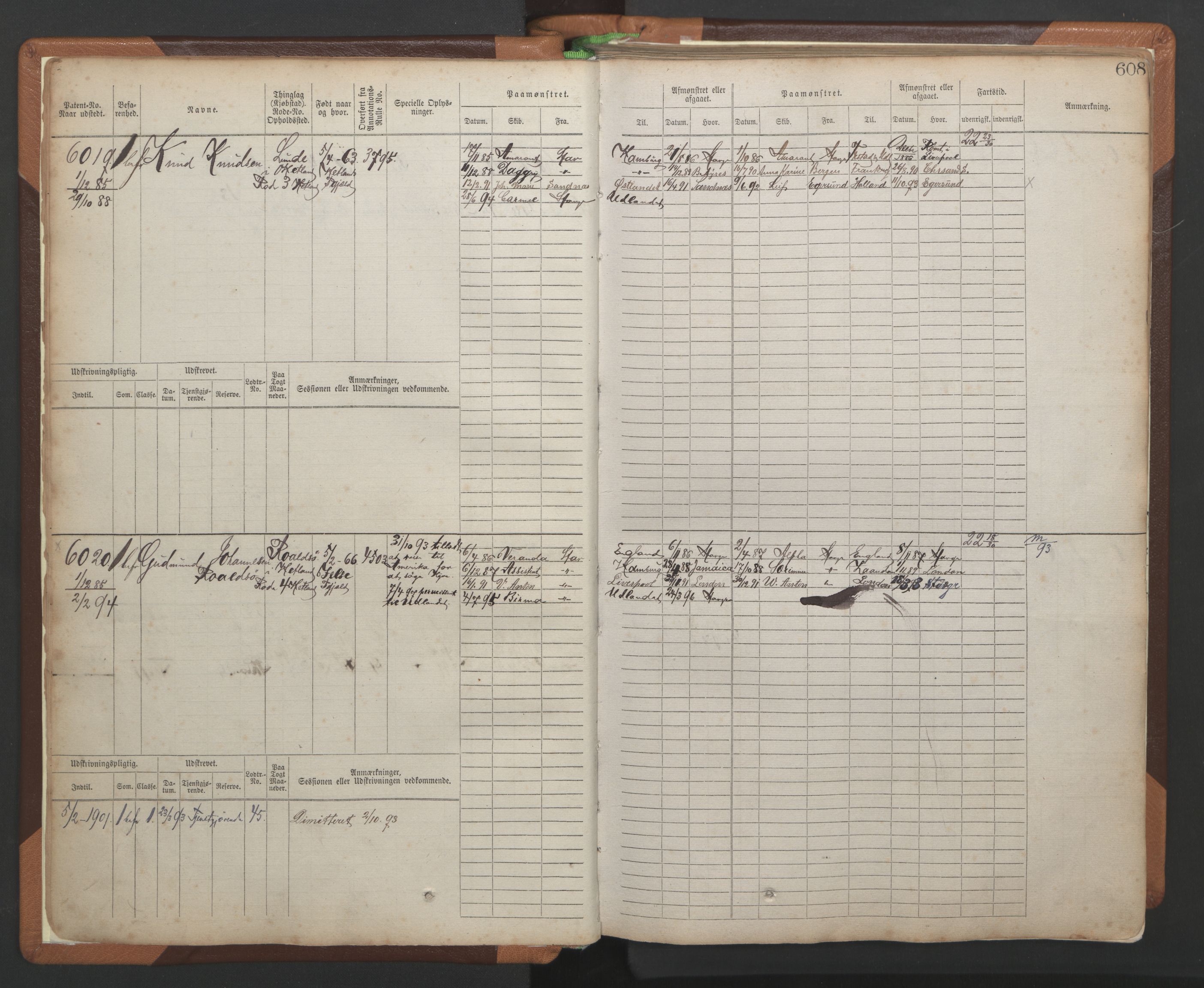 Stavanger sjømannskontor, AV/SAST-A-102006/F/Fb/Fbb/L0010: Sjøfartshovedrulle, patentnr. 6007-6606 (del 1), 1887-1896, p. 12