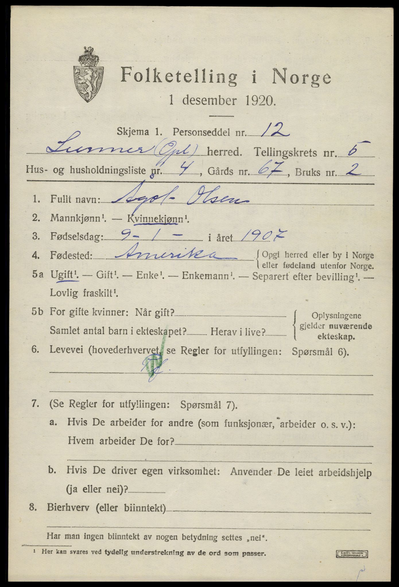 SAH, 1920 census for Lunner, 1920, p. 6991