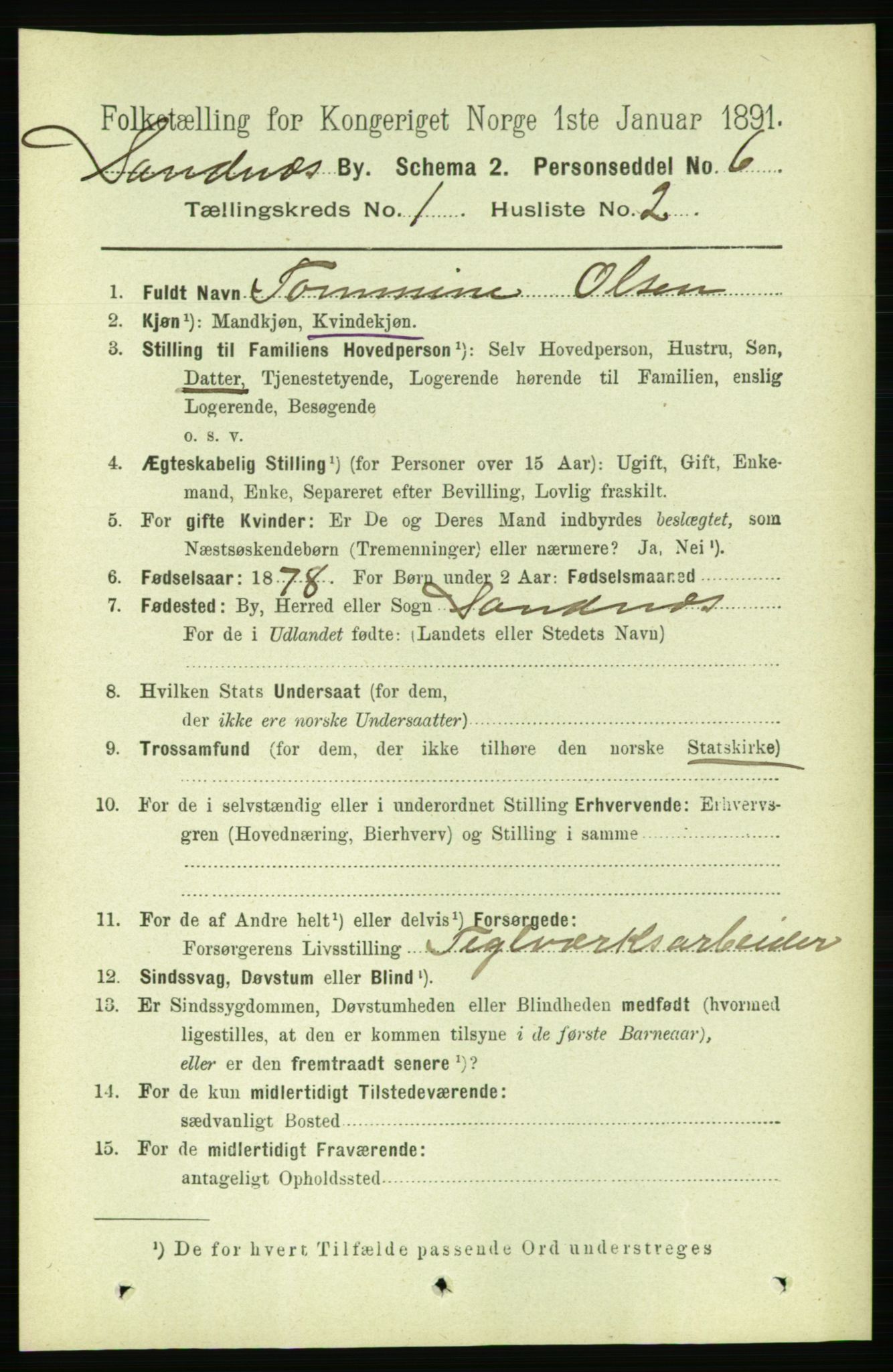 RA, 1891 census for 1102 Sandnes, 1891, p. 490