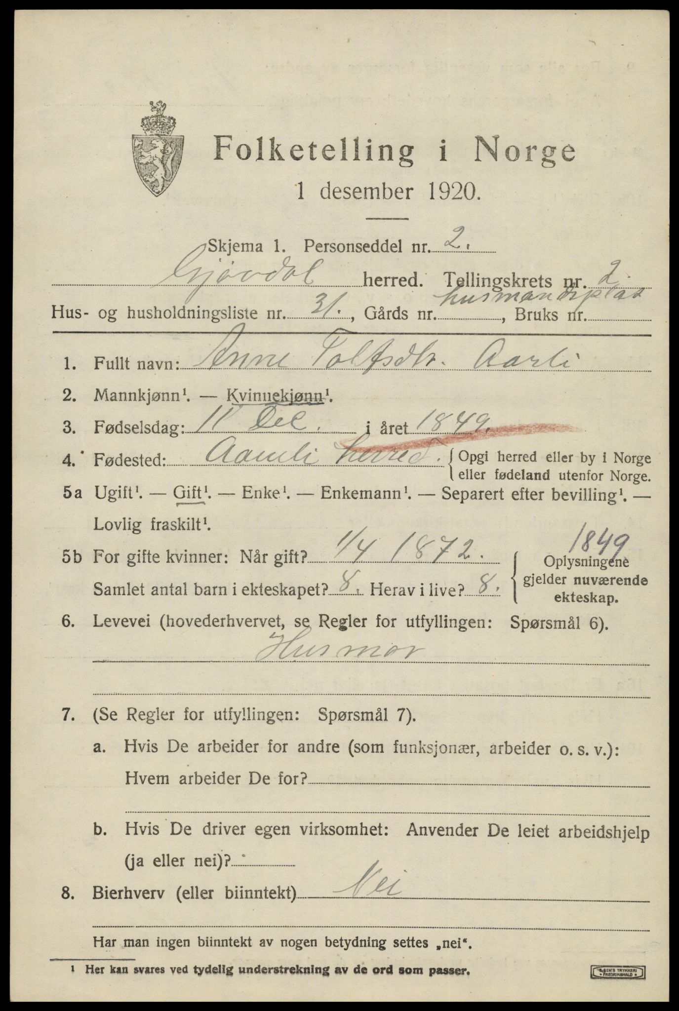 SAK, 1920 census for Gjøvdal, 1920, p. 1144