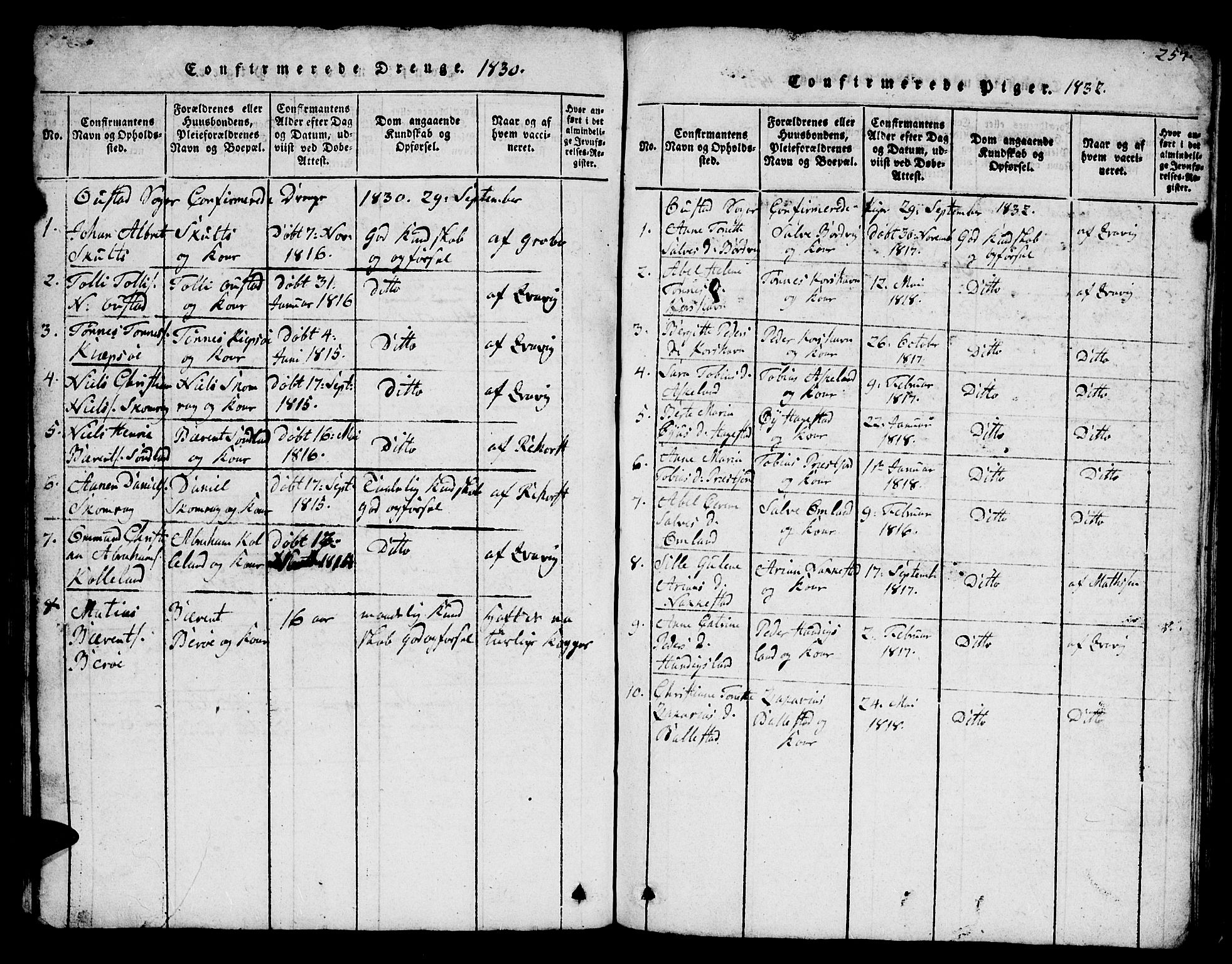 Lyngdal sokneprestkontor, SAK/1111-0029/F/Fb/Fba/L0001: Parish register (copy) no. B 1, 1816-1876, p. 257
