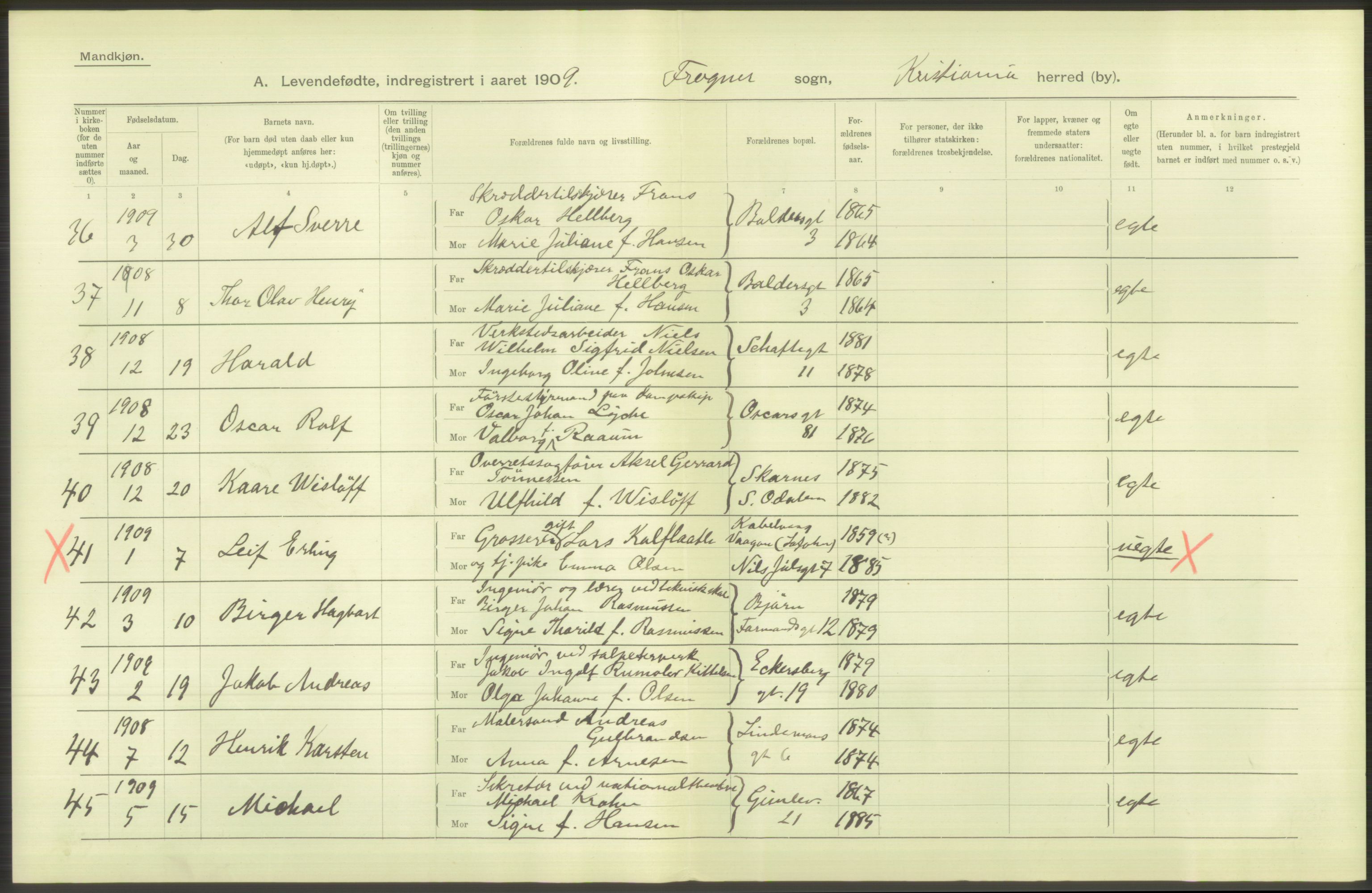 Statistisk sentralbyrå, Sosiodemografiske emner, Befolkning, RA/S-2228/D/Df/Dfa/Dfag/L0007: Kristiania: Levendefødte menn og kvinner., 1909, p. 342