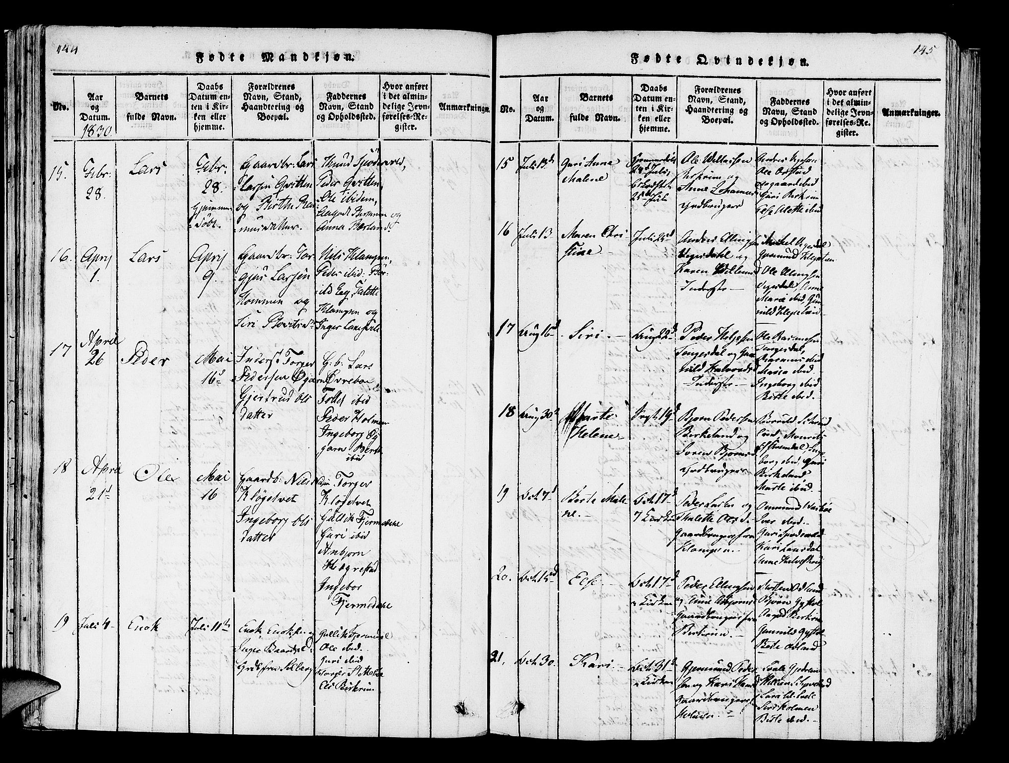 Helleland sokneprestkontor, AV/SAST-A-101810: Parish register (official) no. A 5, 1815-1834, p. 144-145