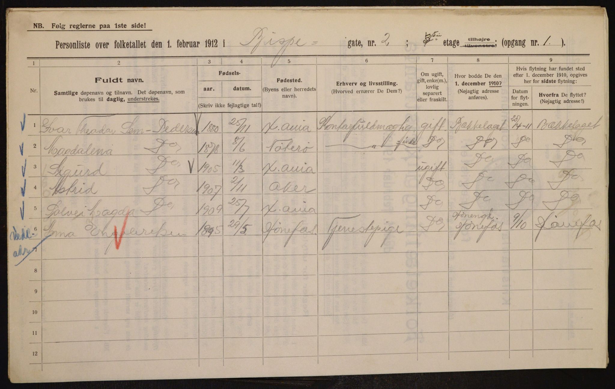 OBA, Municipal Census 1912 for Kristiania, 1912, p. 5213