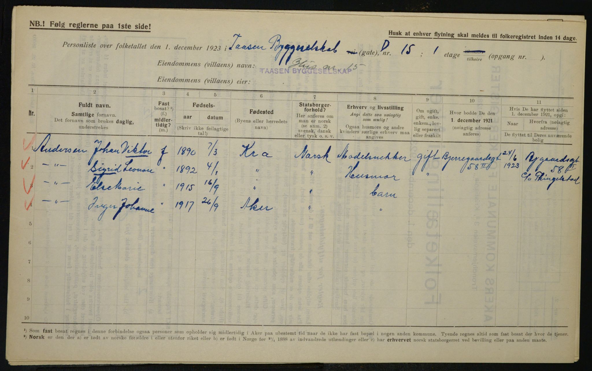 , Municipal Census 1923 for Aker, 1923, p. 19302