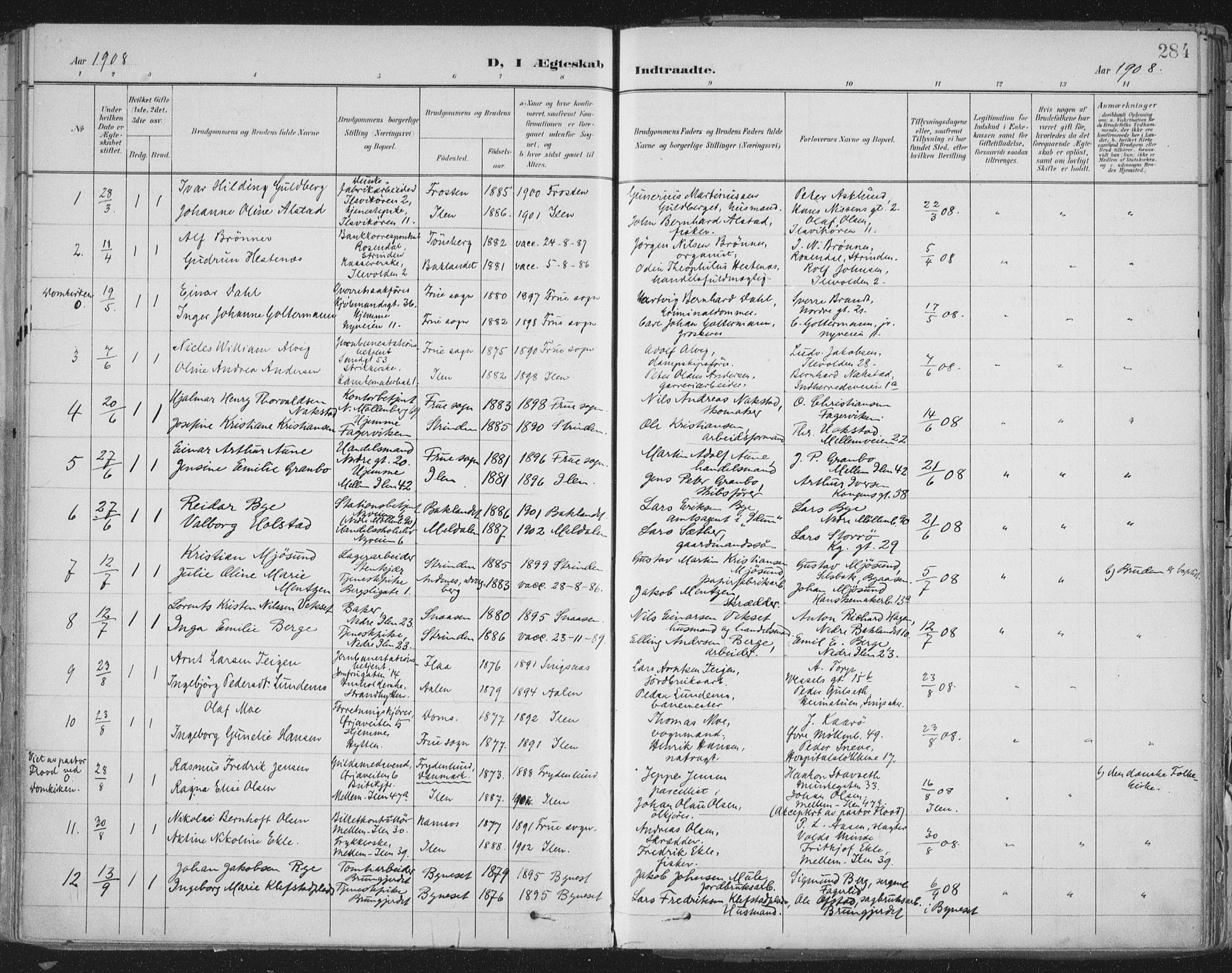 Ministerialprotokoller, klokkerbøker og fødselsregistre - Sør-Trøndelag, SAT/A-1456/603/L0167: Parish register (official) no. 603A06, 1896-1932, p. 284