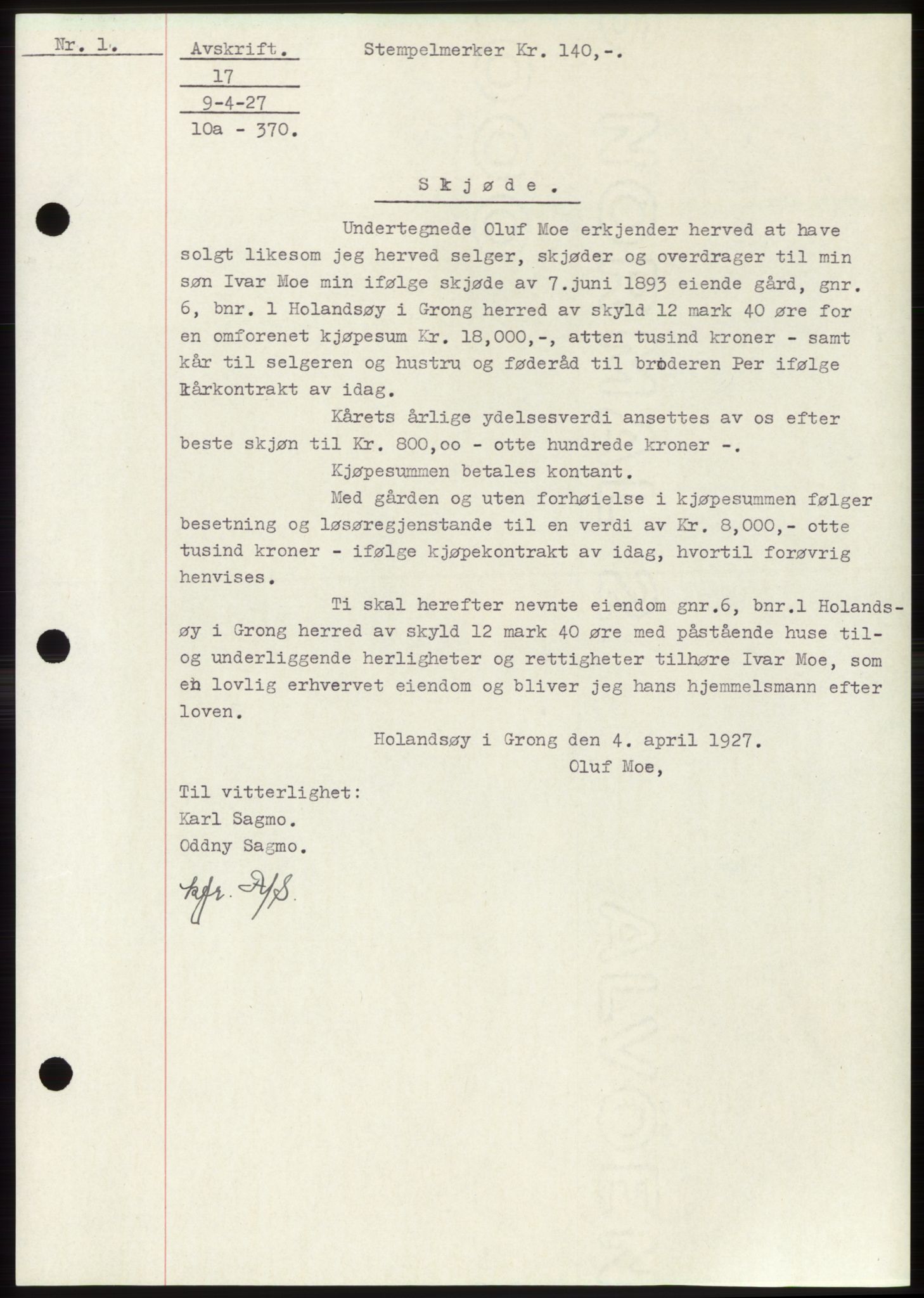 Namdal sorenskriveri, SAT/A-4133/1/2/2C: Mortgage book no. -, 1926-1930, Deed date: 09.04.1927