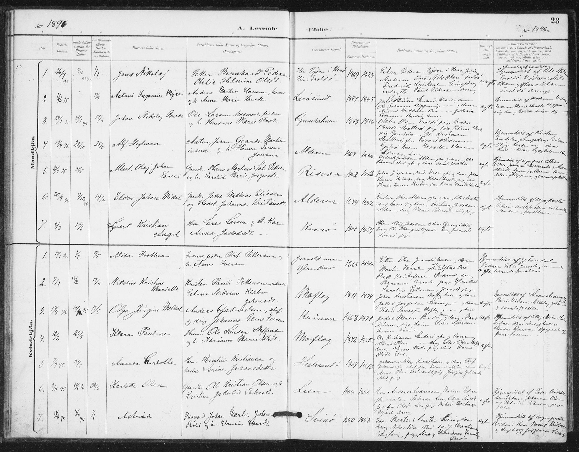 Ministerialprotokoller, klokkerbøker og fødselsregistre - Nordland, AV/SAT-A-1459/839/L0573: Parish register (copy) no. 839C03, 1892-1917, p. 23