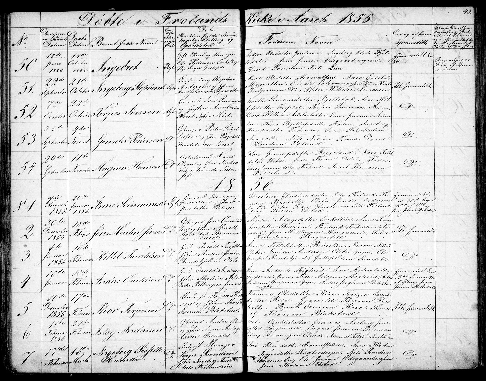 Froland sokneprestkontor, SAK/1111-0013/F/Fb/L0008: Parish register (copy) no. B 8, 1843-1875, p. 43