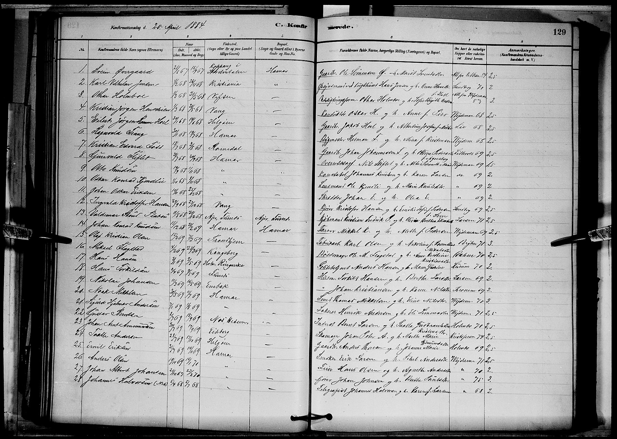 Vang prestekontor, Hedmark, SAH/PREST-008/H/Ha/Hab/L0012: Parish register (copy) no. 12, 1878-1889, p. 129