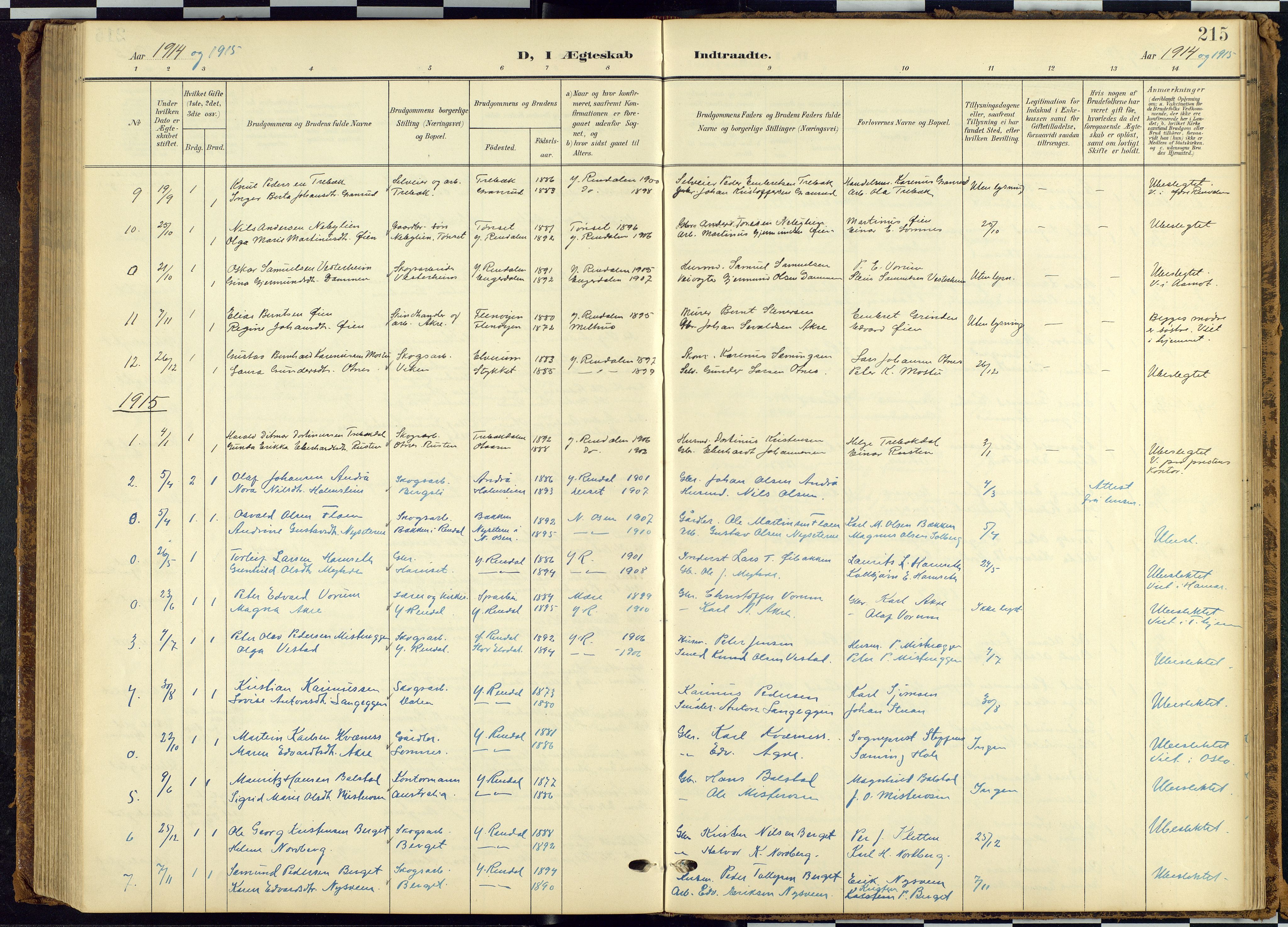 Rendalen prestekontor, SAH/PREST-054/H/Ha/Hab/L0010: Parish register (copy) no. 10, 1903-1940, p. 215