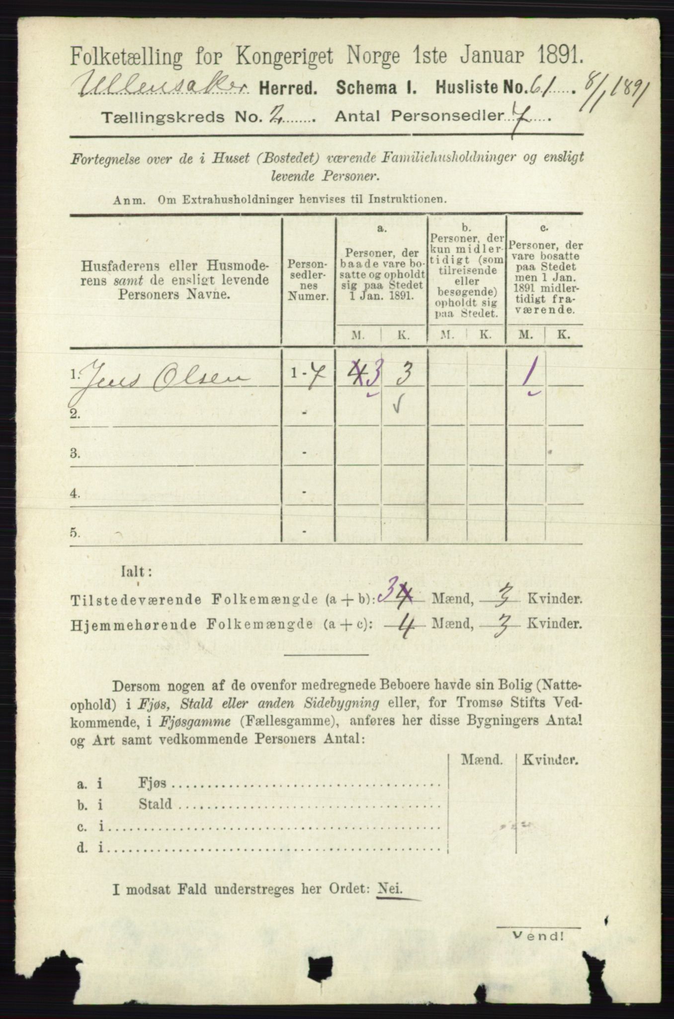 RA, 1891 census for 0235 Ullensaker, 1891, p. 694