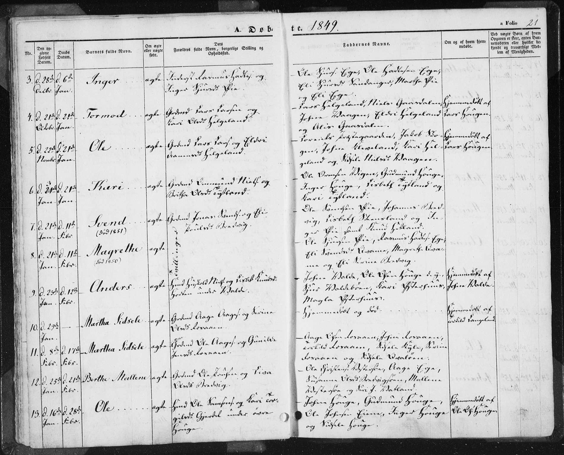 Hjelmeland sokneprestkontor, AV/SAST-A-101843/01/IV/L0009: Parish register (official) no. A 9, 1846-1860, p. 21