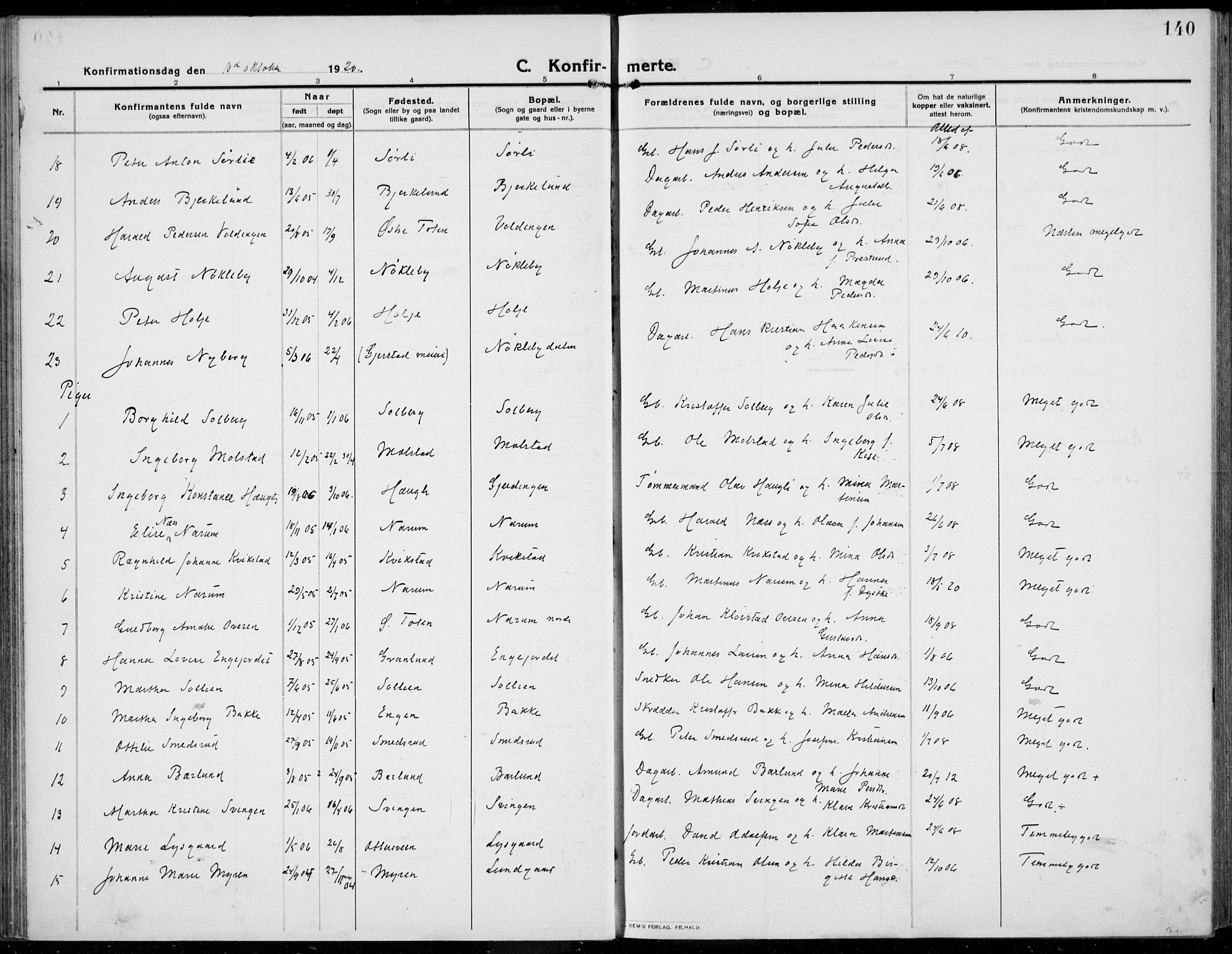 Kolbu prestekontor, SAH/PREST-110/H/Ha/Haa/L0002: Parish register (official) no. 2, 1912-1926, p. 140