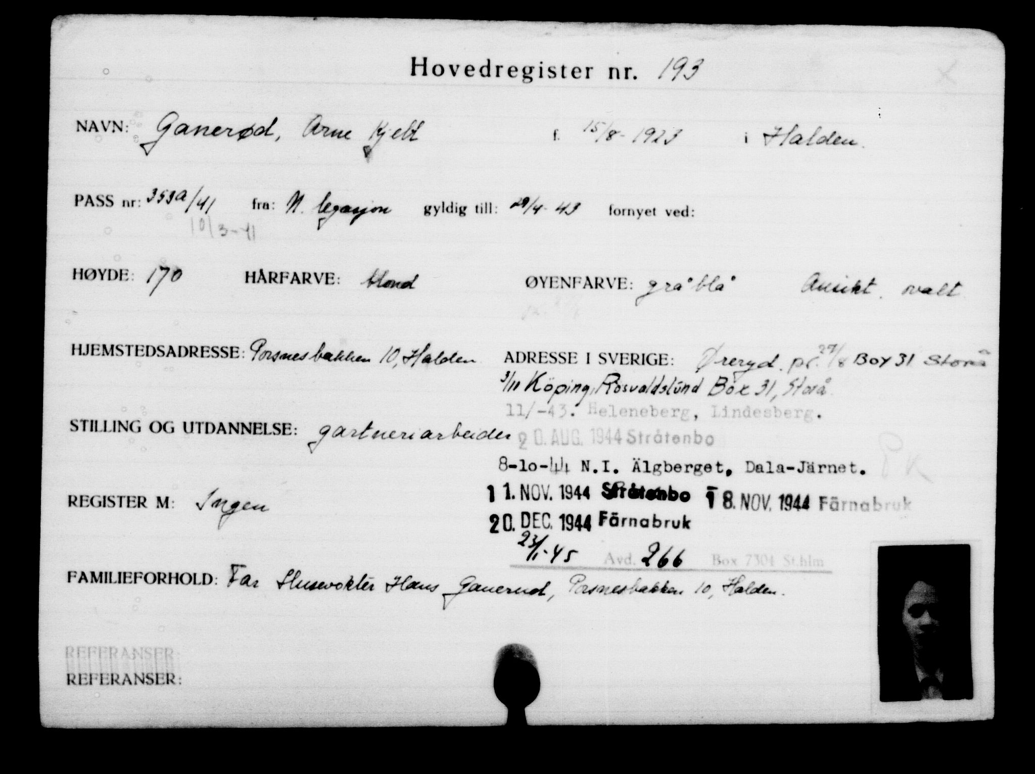 Utenriksstasjonene, Legasjonen i Stockholm, Flyktningkontoret, AV/RA-S-6753/V/Va/L0001: Kjesäterkartoteket, flyktninger med registreringsnr. 1-1000, 1940-1945, p. 310
