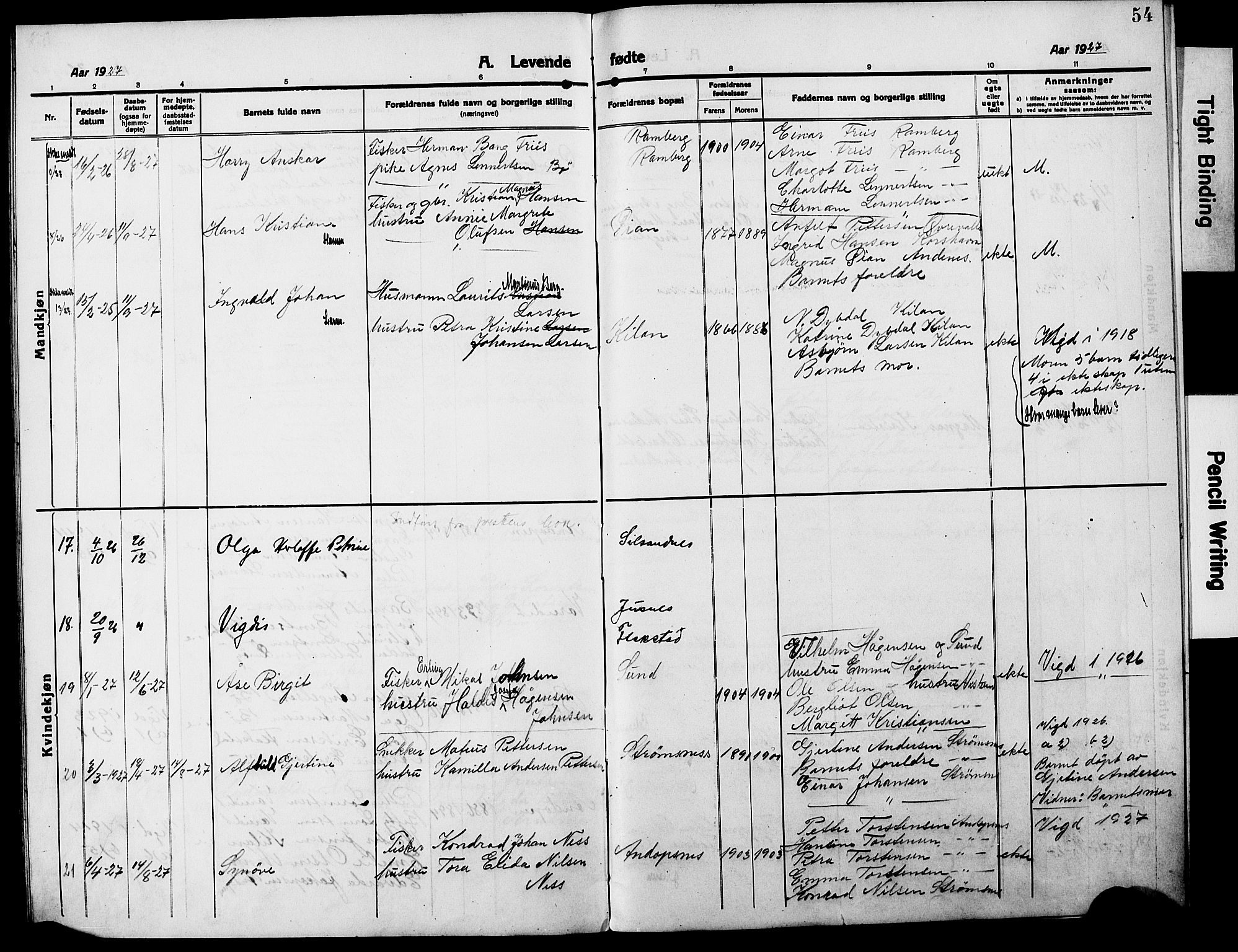 Ministerialprotokoller, klokkerbøker og fødselsregistre - Nordland, SAT/A-1459/885/L1215: Parish register (copy) no. 885C04, 1916-1929, p. 54