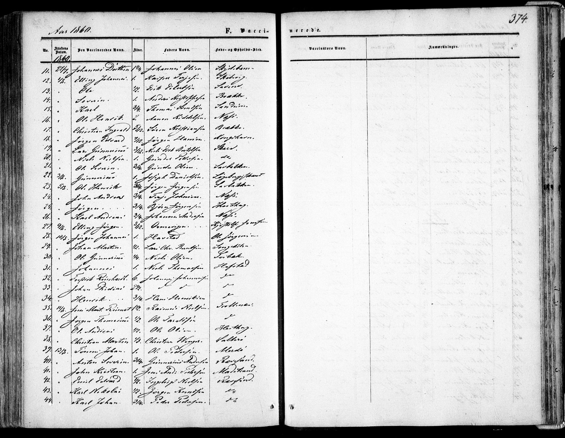 Tromøy sokneprestkontor, SAK/1111-0041/F/Fa/L0006: Parish register (official) no. A 6, 1855-1863, p. 374