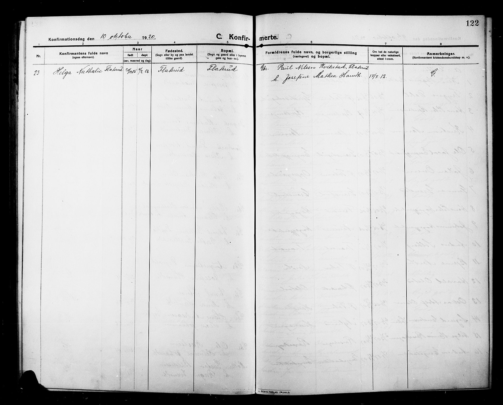 Kolbu prestekontor, SAH/PREST-110/H/Ha/Hab/L0001: Parish register (copy) no. 1, 1912-1925, p. 122