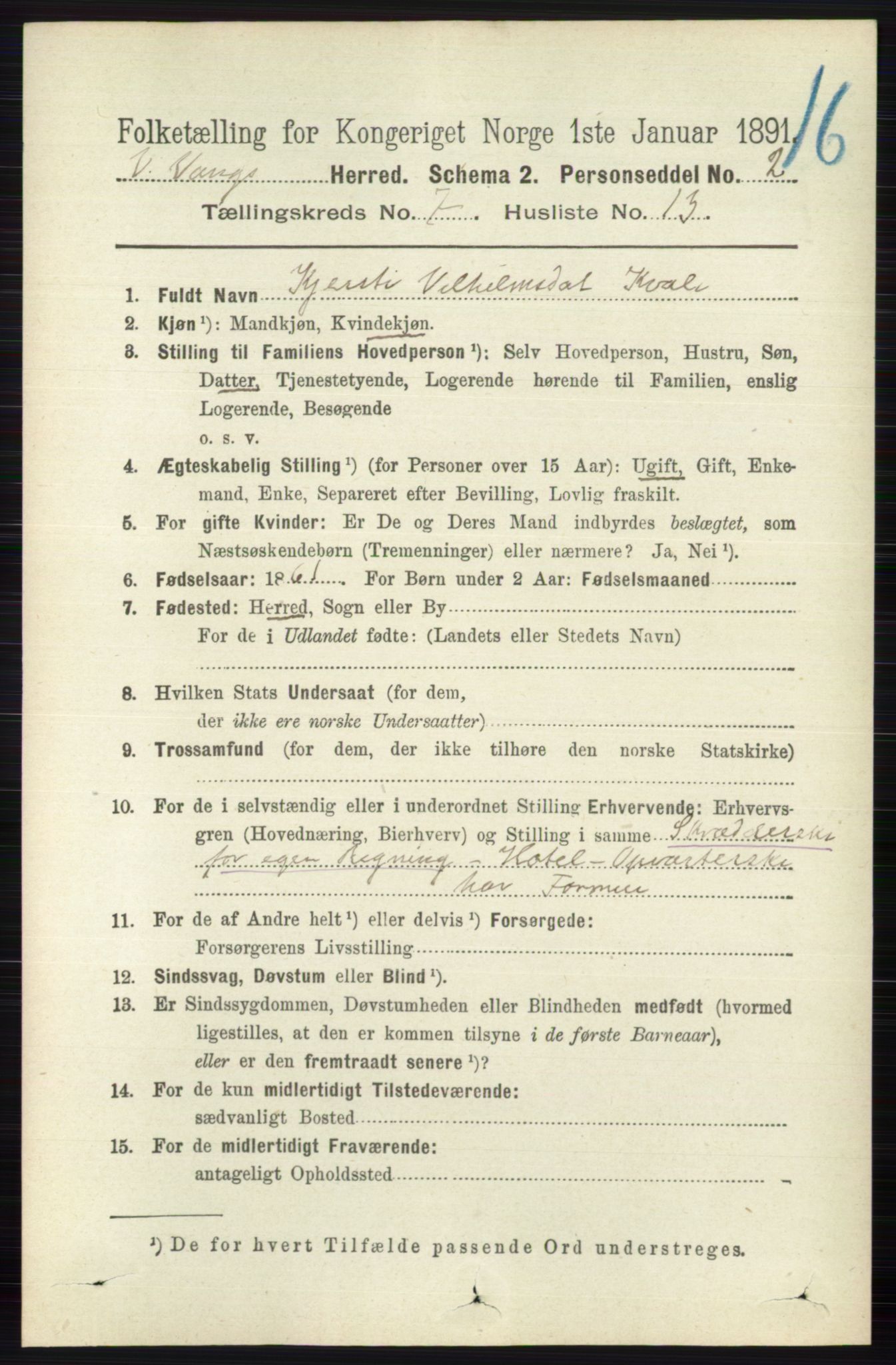 RA, 1891 census for 0545 Vang, 1891, p. 1506