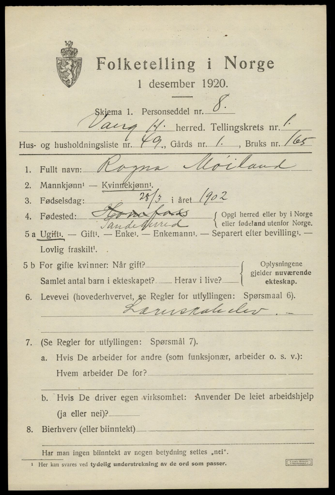 SAH, 1920 census for Vang (Hedmark), 1920, p. 3577