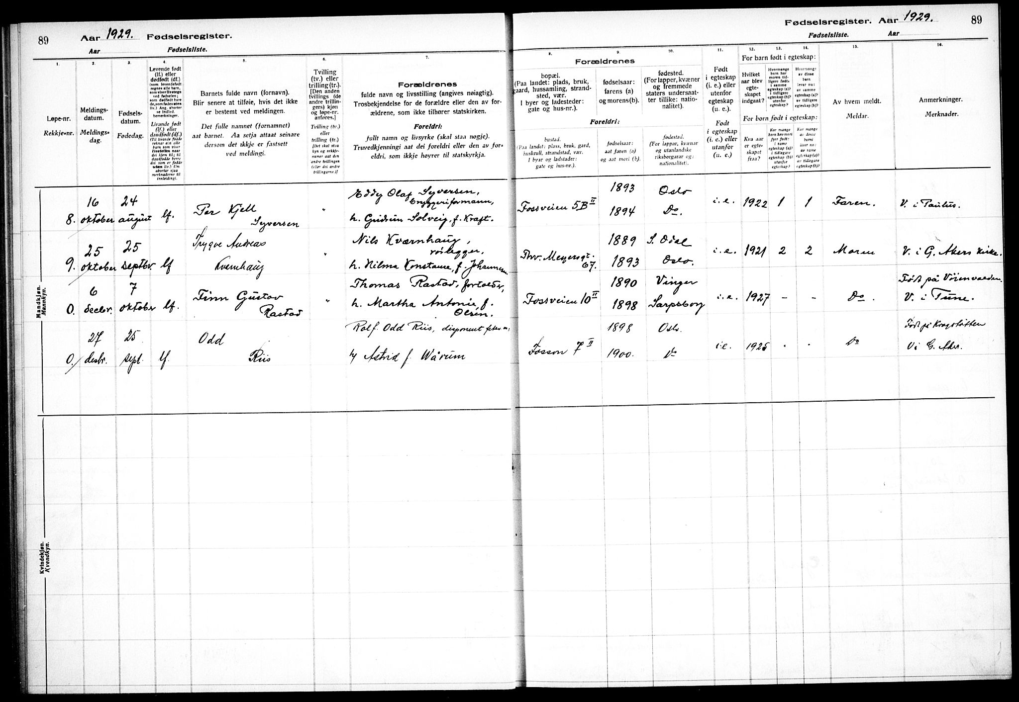 Hauge prestekontor Kirkebøker, AV/SAO-A-10849/J/Ja/L0001: Birth register no. 1, 1917-1938, p. 89