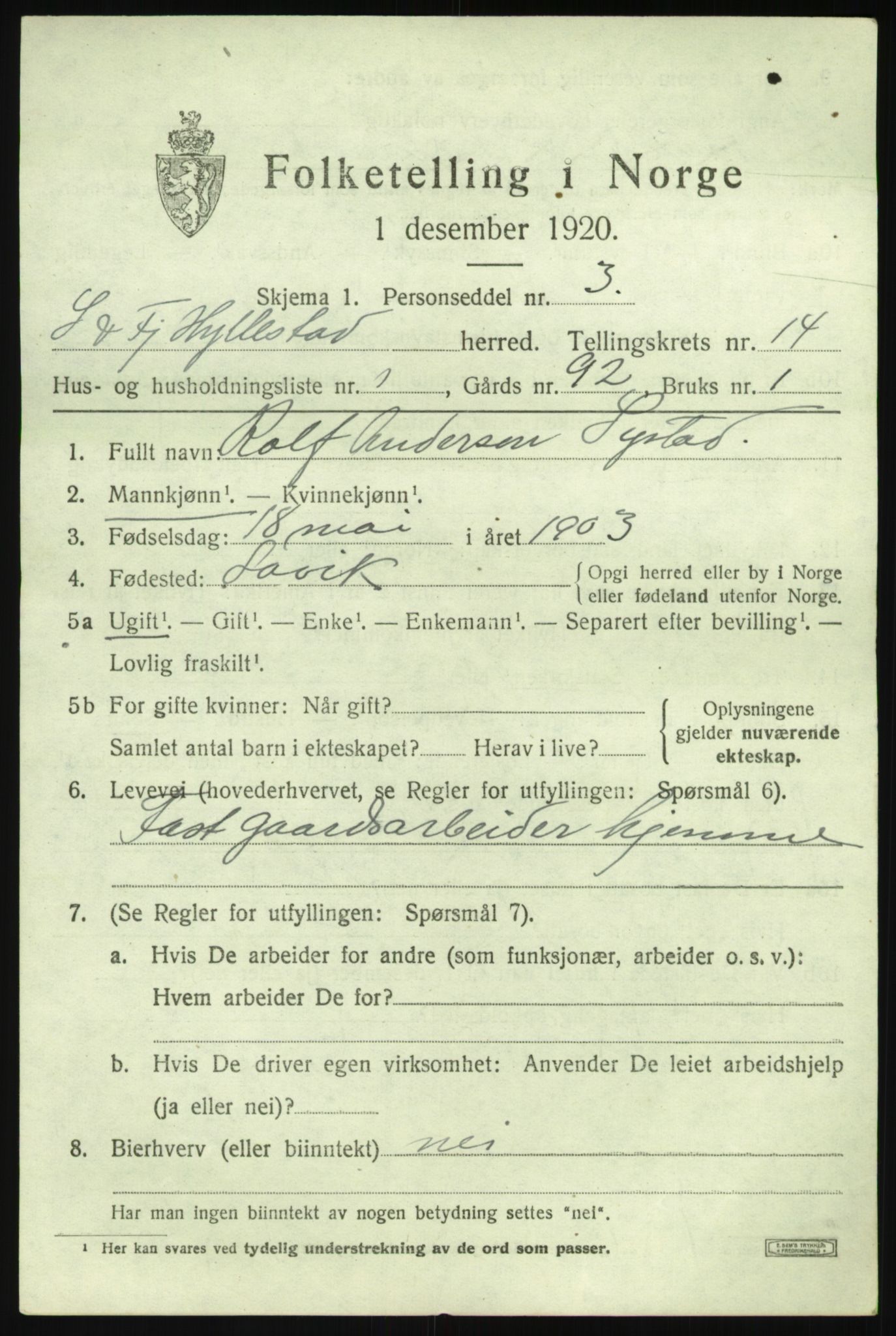 SAB, 1920 census for Hyllestad, 1920, p. 5098