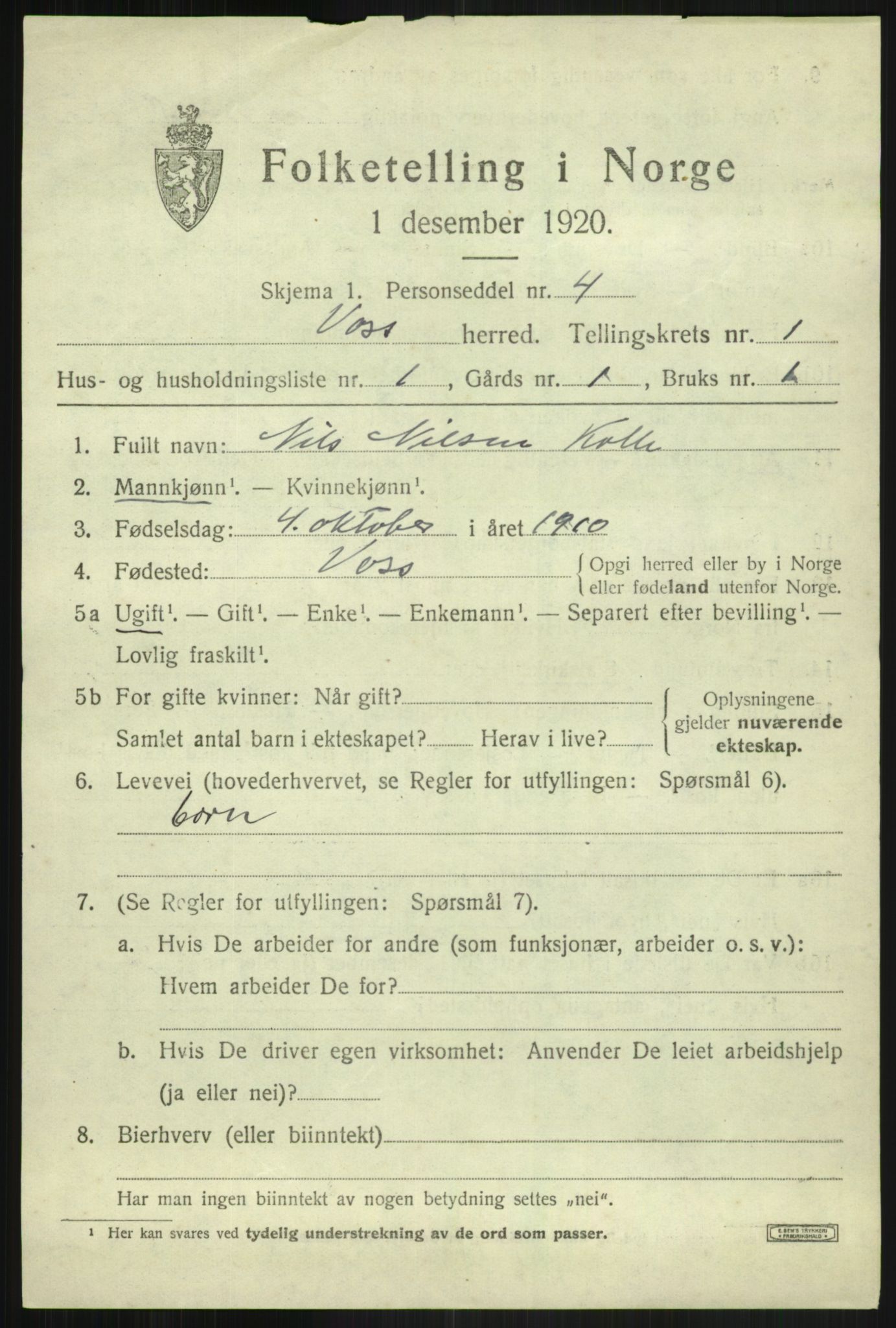 SAB, 1920 census for Voss, 1920, p. 2815