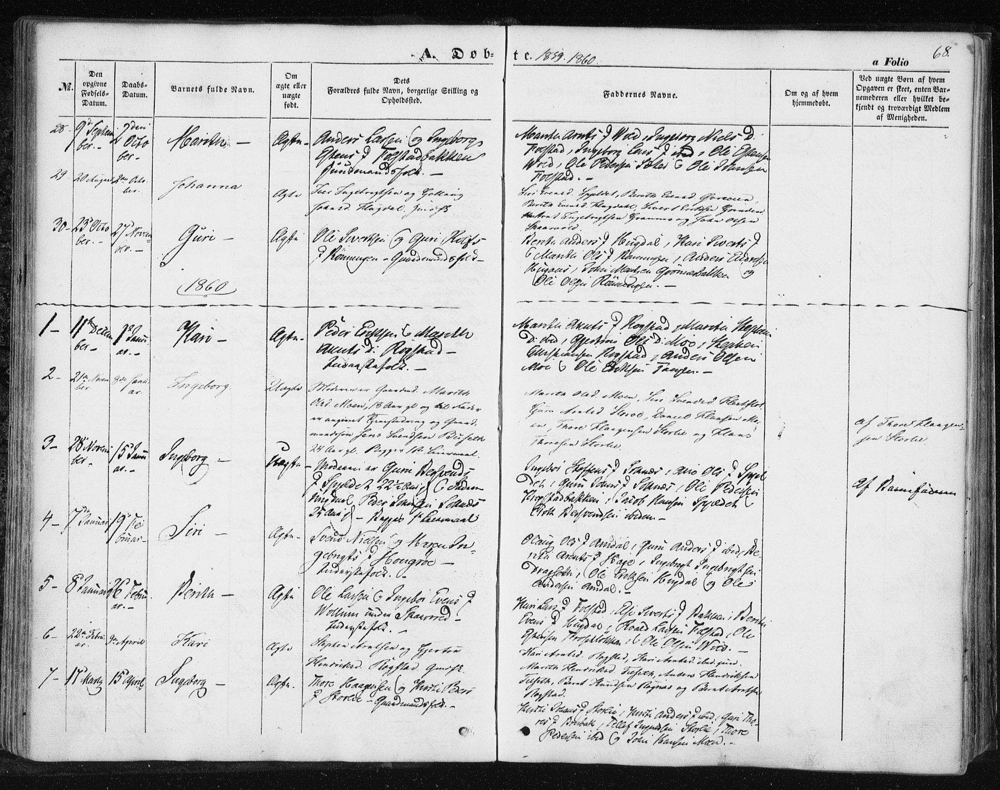Ministerialprotokoller, klokkerbøker og fødselsregistre - Sør-Trøndelag, SAT/A-1456/687/L1000: Parish register (official) no. 687A06, 1848-1869, p. 68