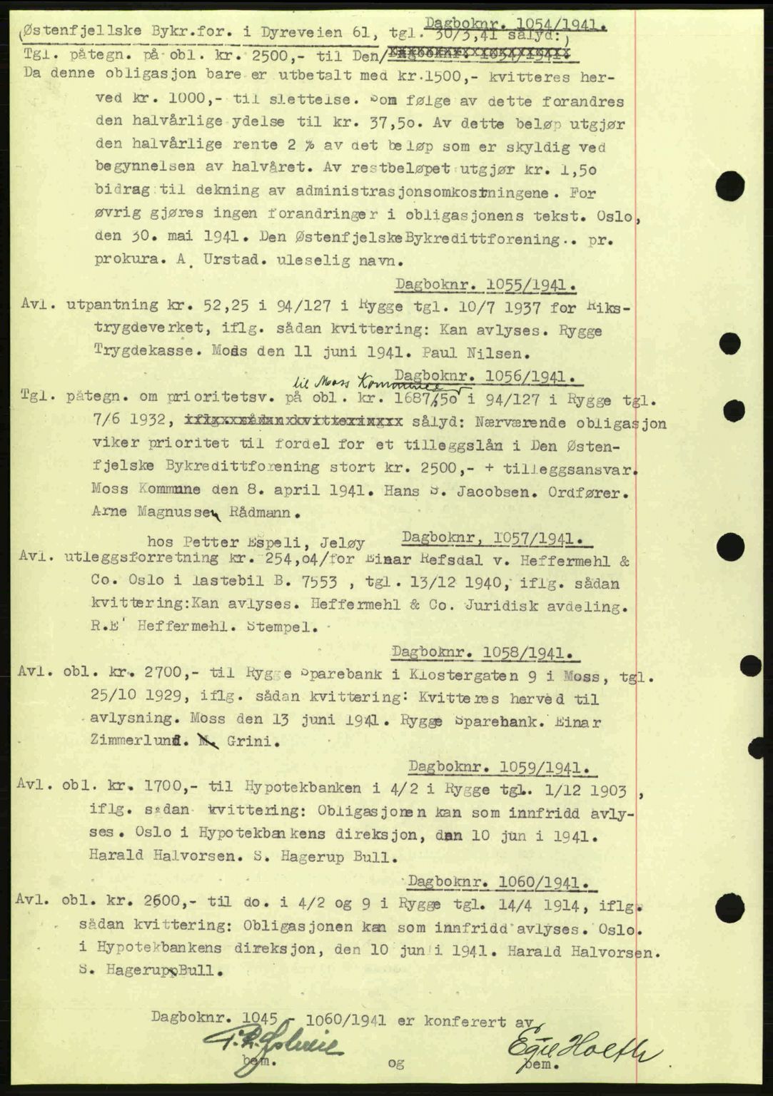 Moss sorenskriveri, SAO/A-10168: Mortgage book no. B10, 1940-1941, Diary no: : 1054/1941