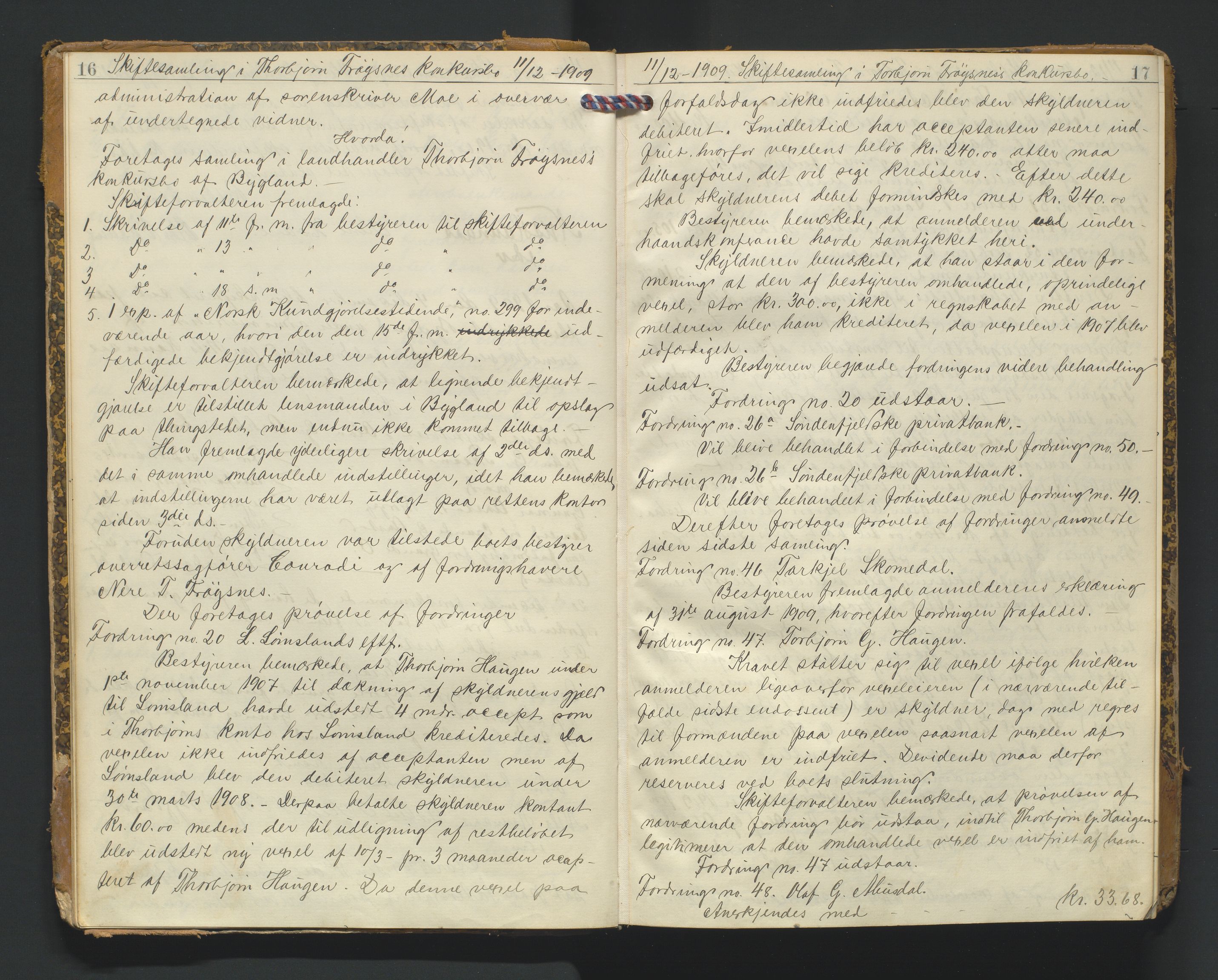 Setesdal sorenskriveri, AV/SAK-1221-0011/H/Hc/L0039: Skifteforhandlingsprotokoll nr 11, 1909-1920, p. 16-17