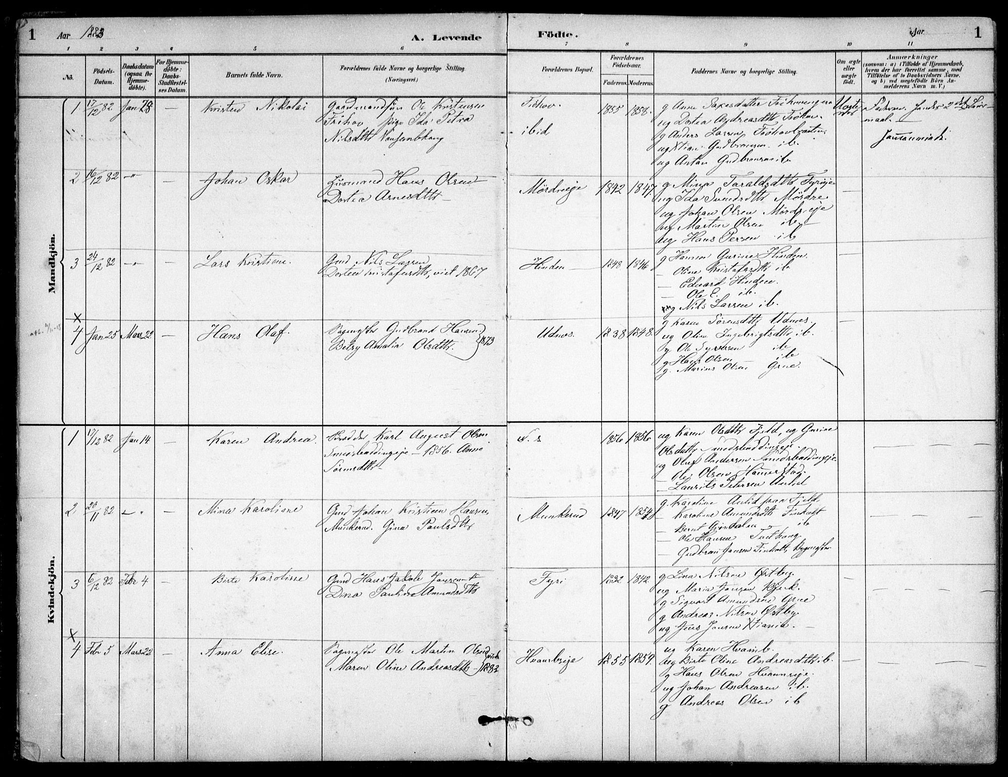 Nes prestekontor Kirkebøker, SAO/A-10410/F/Fc/L0002: Parish register (official) no. IIi 2, 1882-1916, p. 1