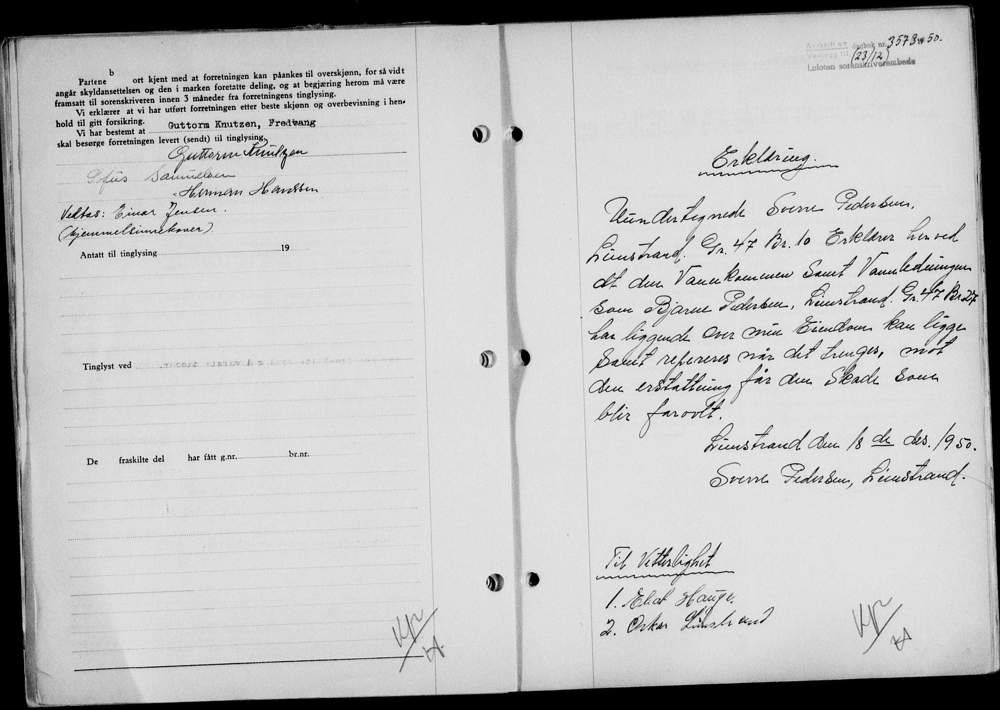 Lofoten sorenskriveri, SAT/A-0017/1/2/2C/L0025a: Mortgage book no. 25a, 1950-1951, Diary no: : 3573/1950