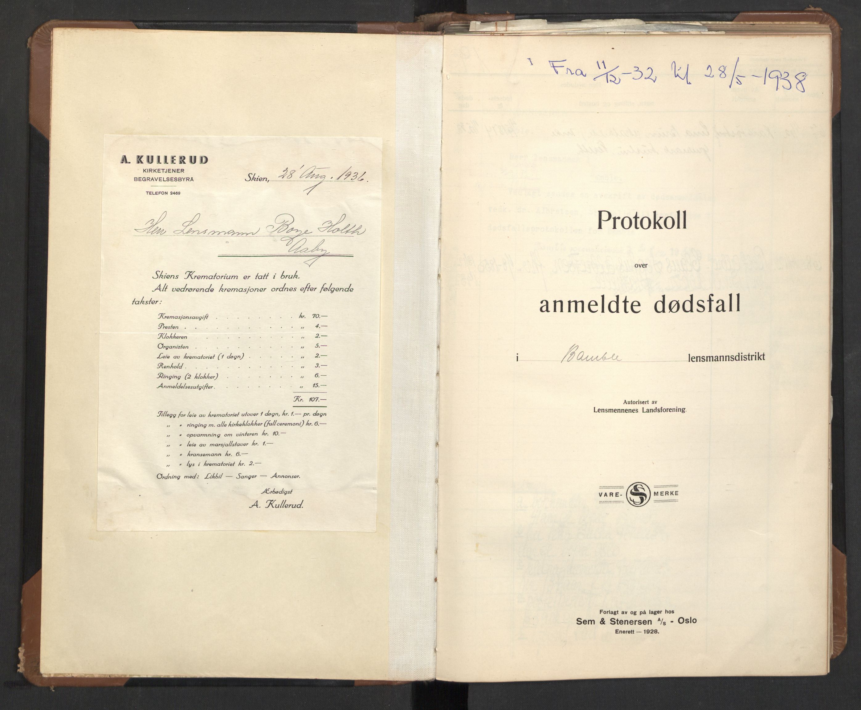 Bamble lensmannskontor, AV/SAKO-A-552/H/Ha/Haa/L0006: Dødsfallsprotokoll, 1932-1938