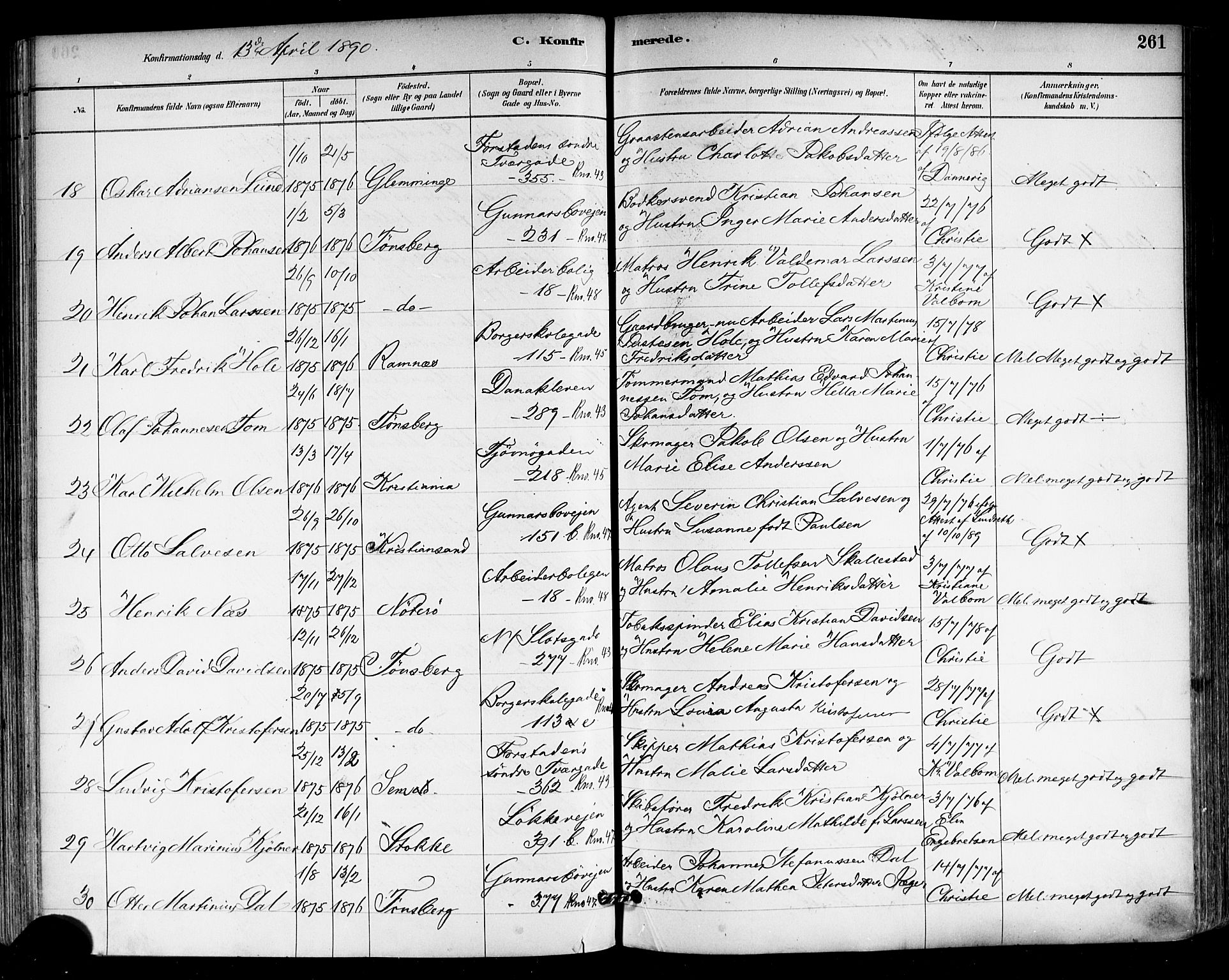 Tønsberg kirkebøker, AV/SAKO-A-330/F/Fa/L0011: Parish register (official) no. I 11, 1881-1890, p. 261