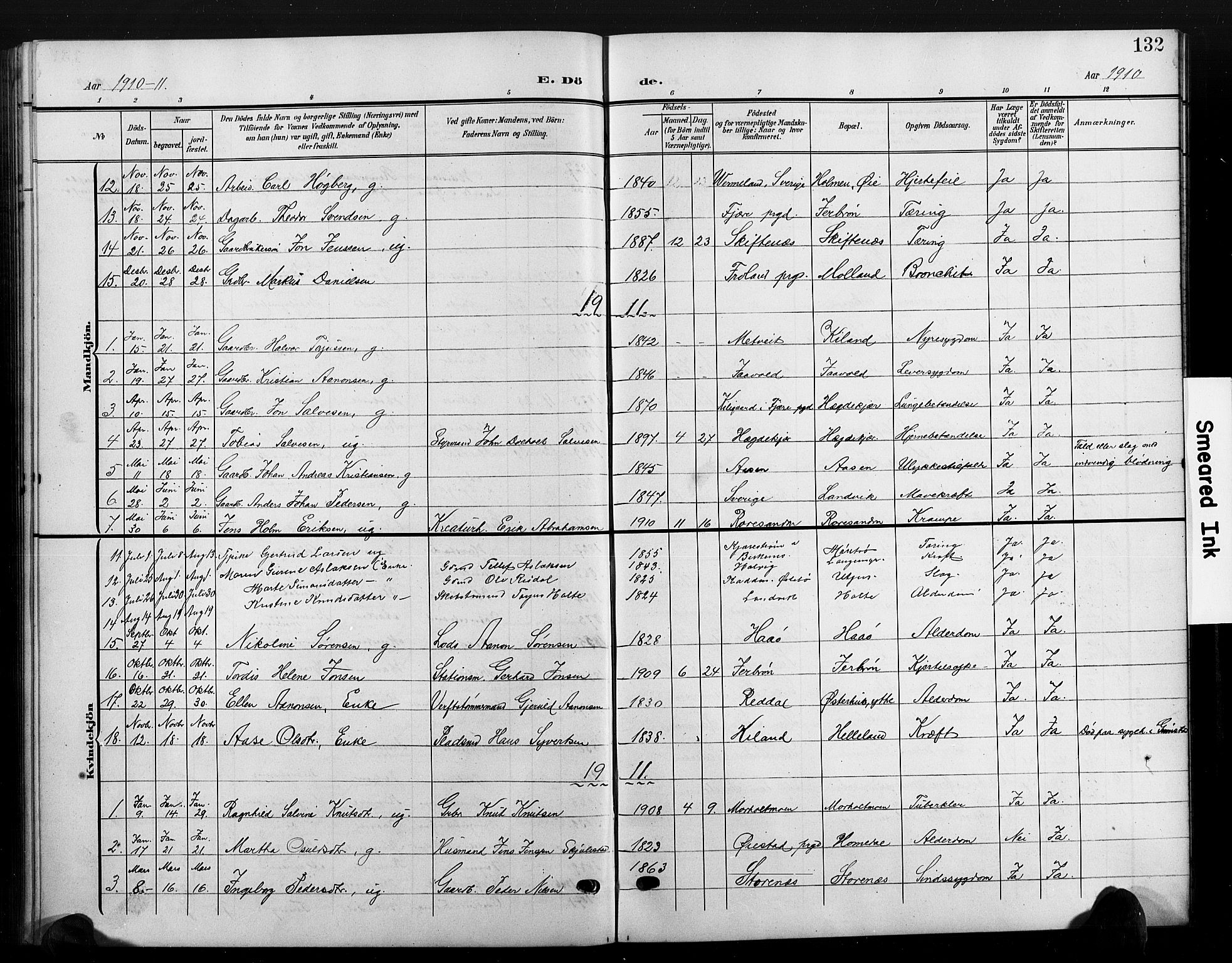 Hommedal sokneprestkontor, AV/SAK-1111-0023/F/Fb/Fbb/L0008: Parish register (copy) no. B 8, 1905-1929, p. 132