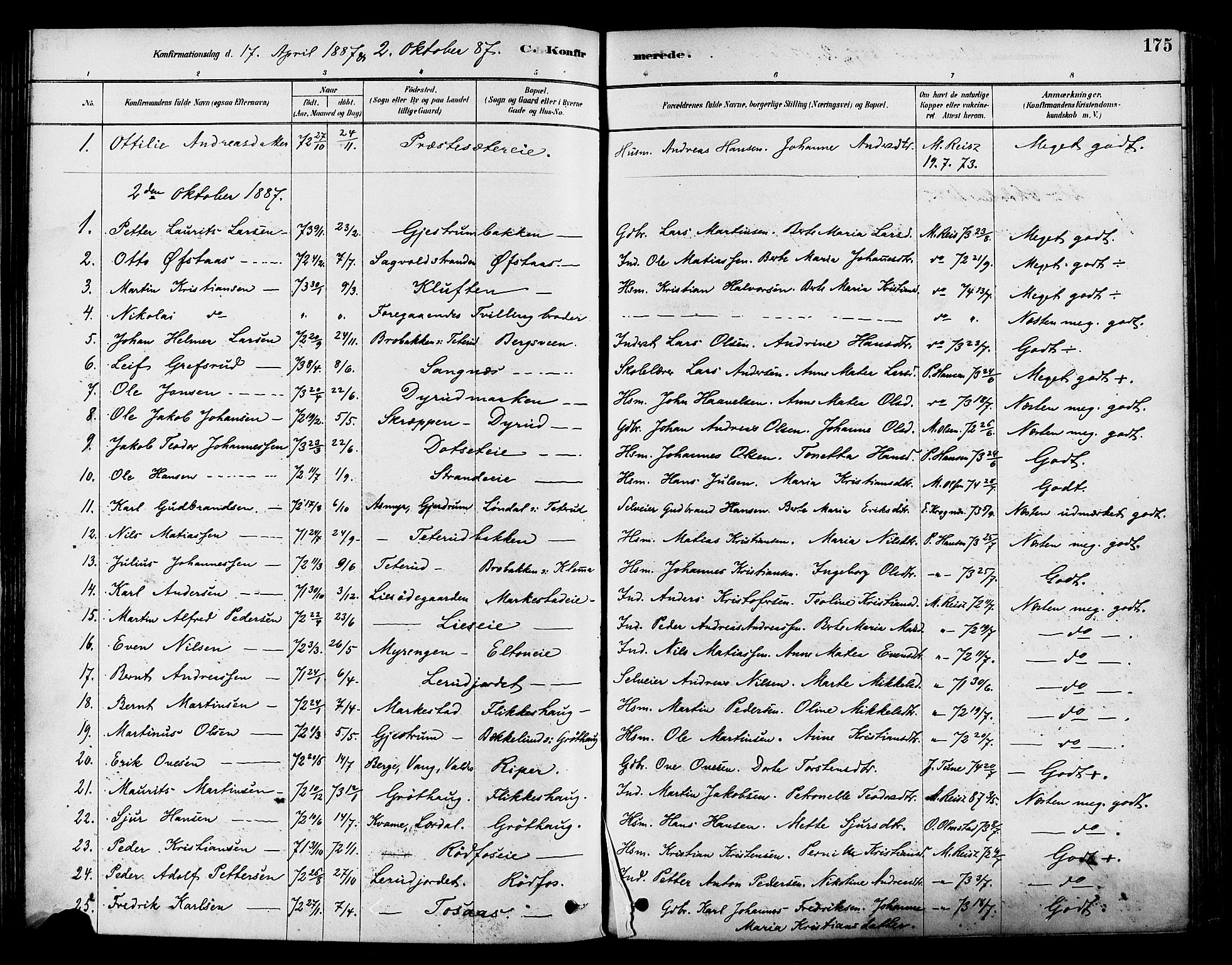 Vestre Toten prestekontor, SAH/PREST-108/H/Ha/Haa/L0009: Parish register (official) no. 9, 1878-1894, p. 175