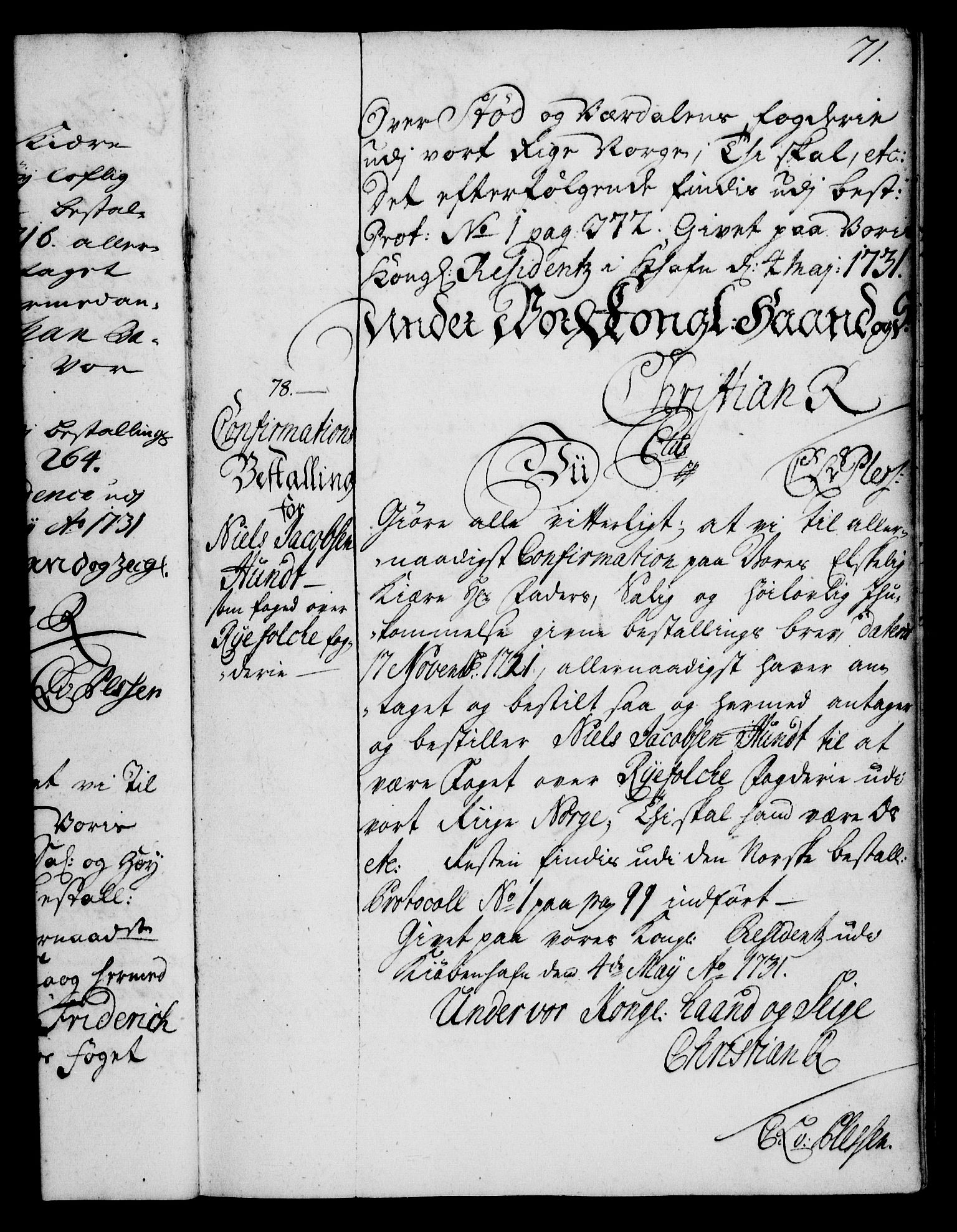 Rentekammeret, Kammerkanselliet, AV/RA-EA-3111/G/Gg/Ggg/L0001: Norsk konfirmasjonsbestallingsprotokoll med register (merket RK 53.31), 1731-1737, p. 71