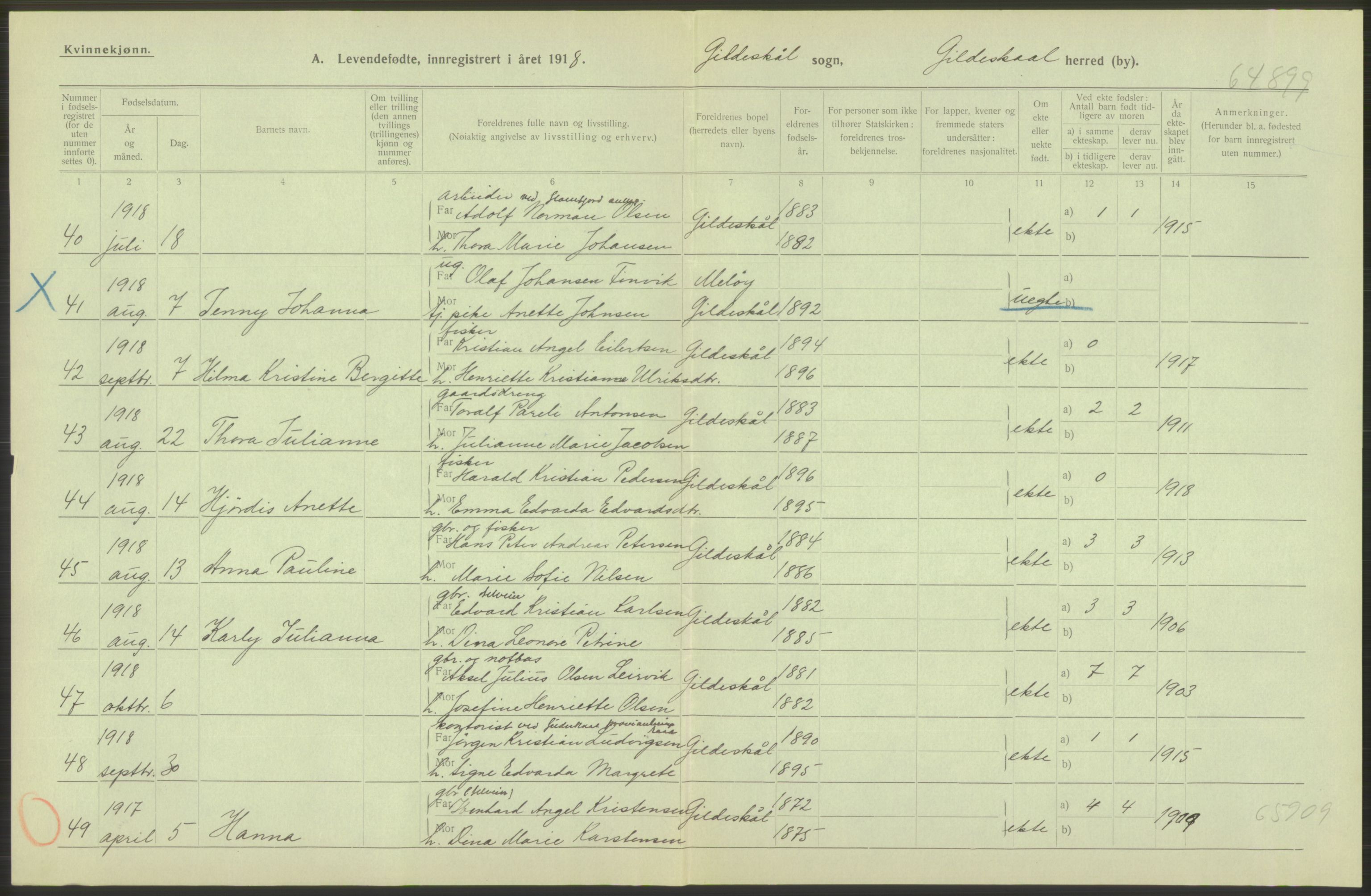 Statistisk sentralbyrå, Sosiodemografiske emner, Befolkning, AV/RA-S-2228/D/Df/Dfb/Dfbh/L0052: Nordland fylke: Levendefødte menn og kvinner. Bygder., 1918, p. 172