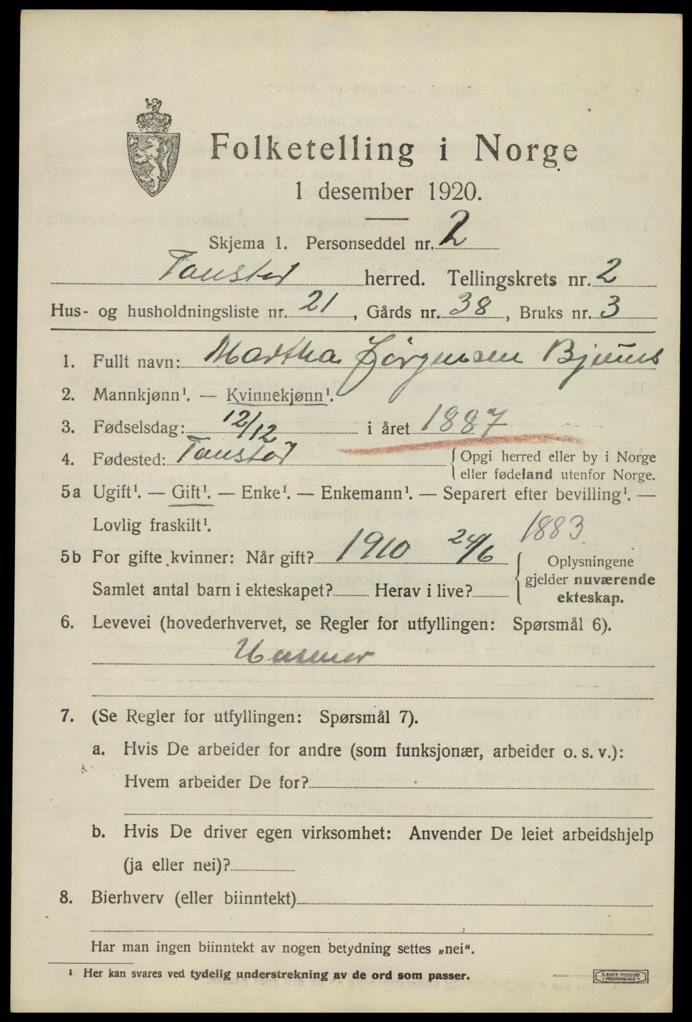 SAK, 1920 census for Tonstad, 1920, p. 984