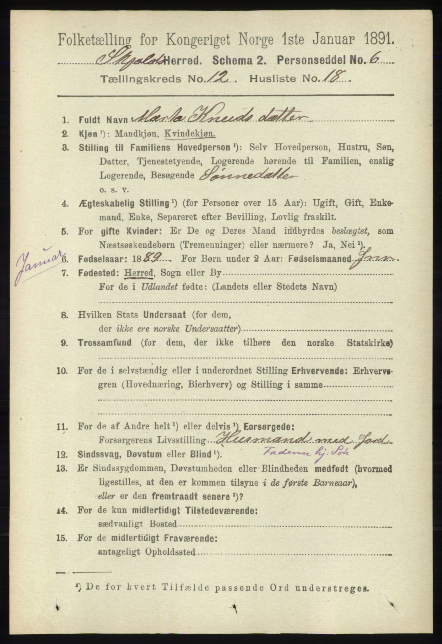 RA, 1891 census for 1154 Skjold, 1891, p. 2356