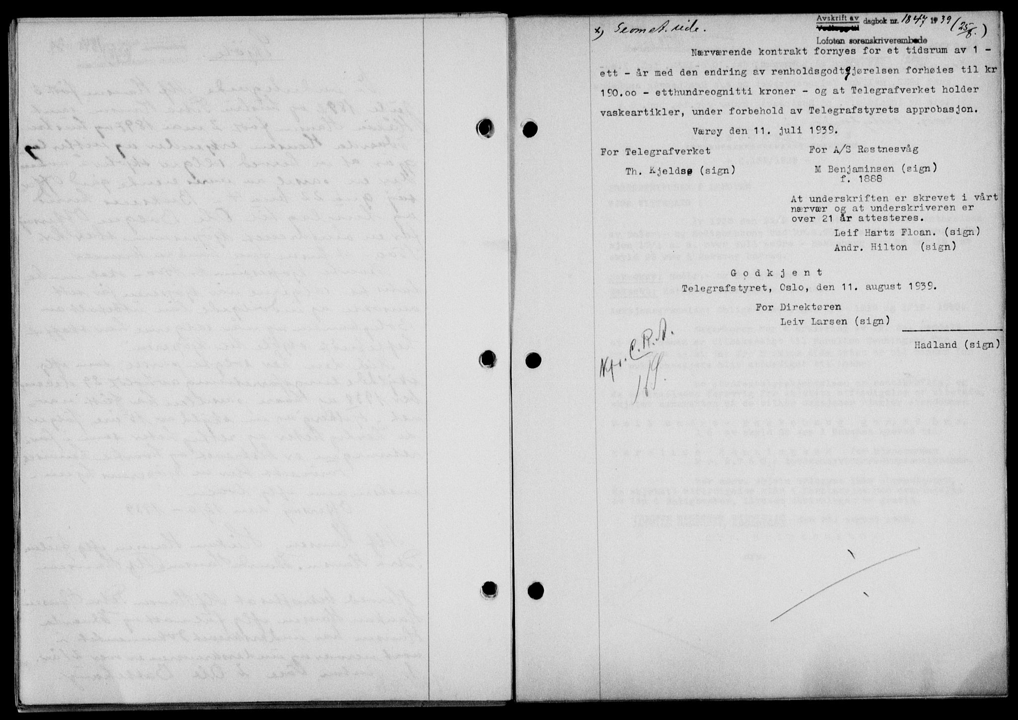 Lofoten sorenskriveri, SAT/A-0017/1/2/2C/L0006a: Mortgage book no. 6a, 1939-1939, Diary no: : 1847/1939