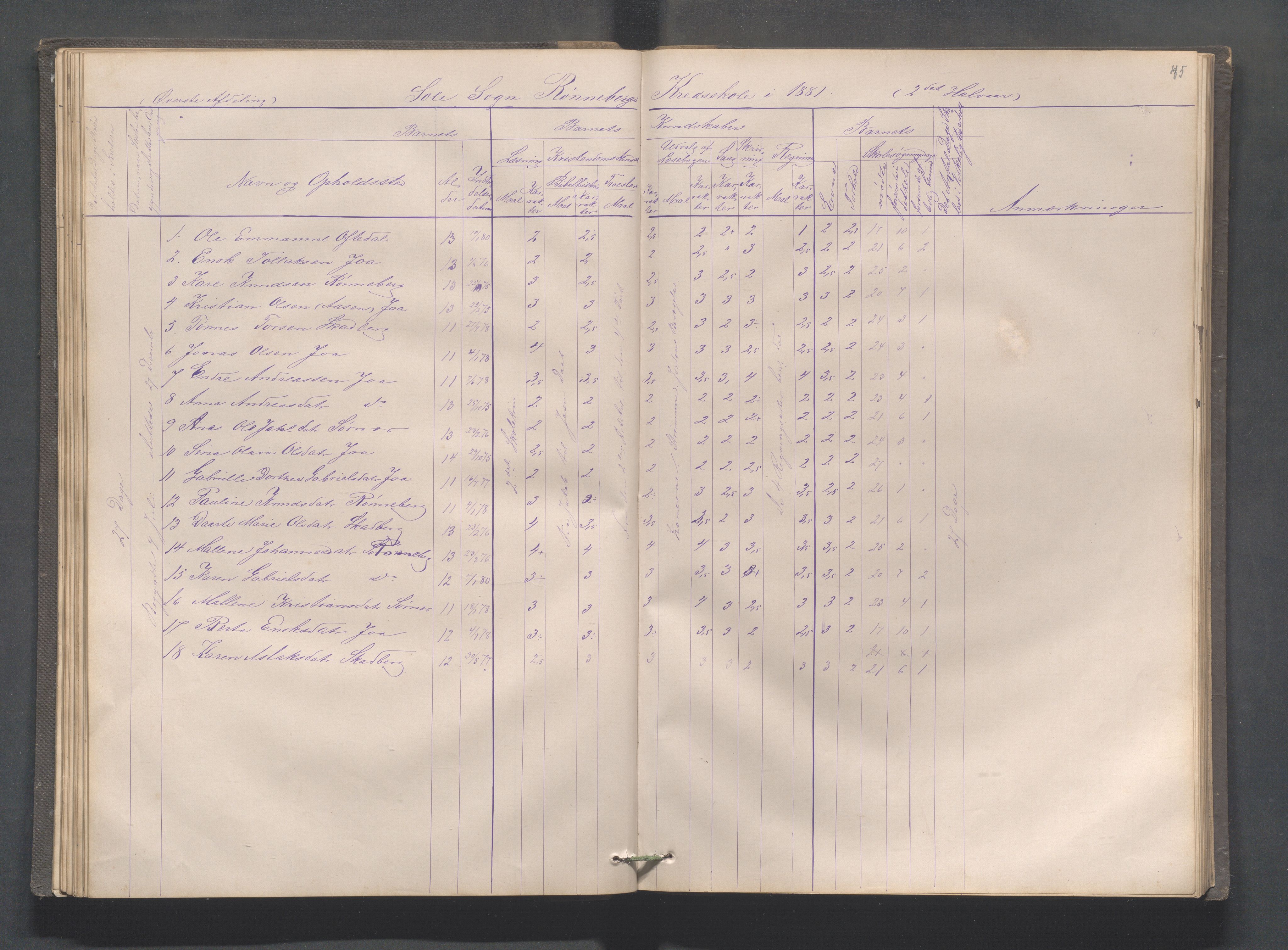 Håland kommune - Røyneberg skole, IKAR/A-1227/H/L0001: Skoleprotokoll - Røyneberg, Stangeland, 1871-1886, p. 45