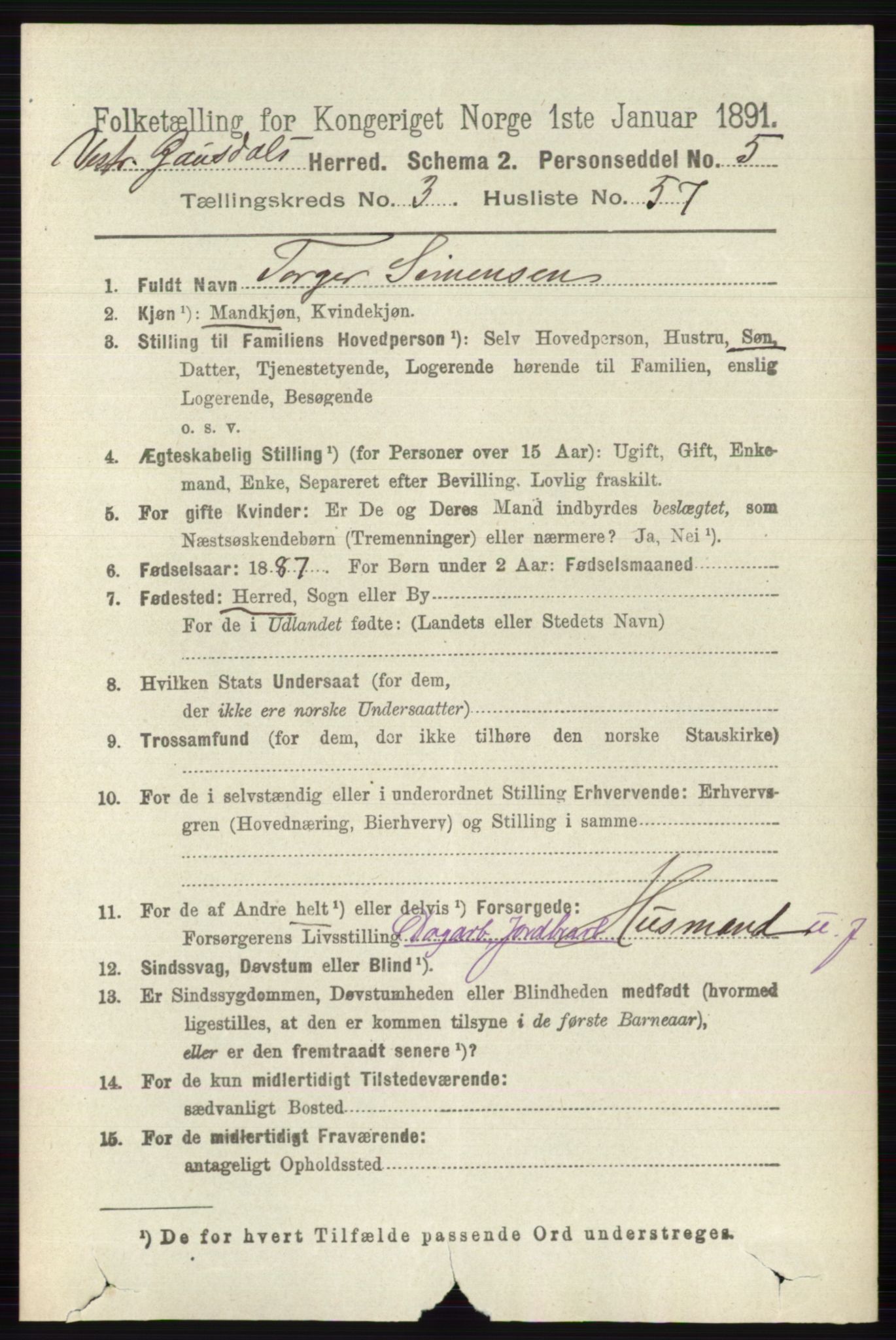 RA, 1891 census for 0523 Vestre Gausdal, 1891, p. 1633