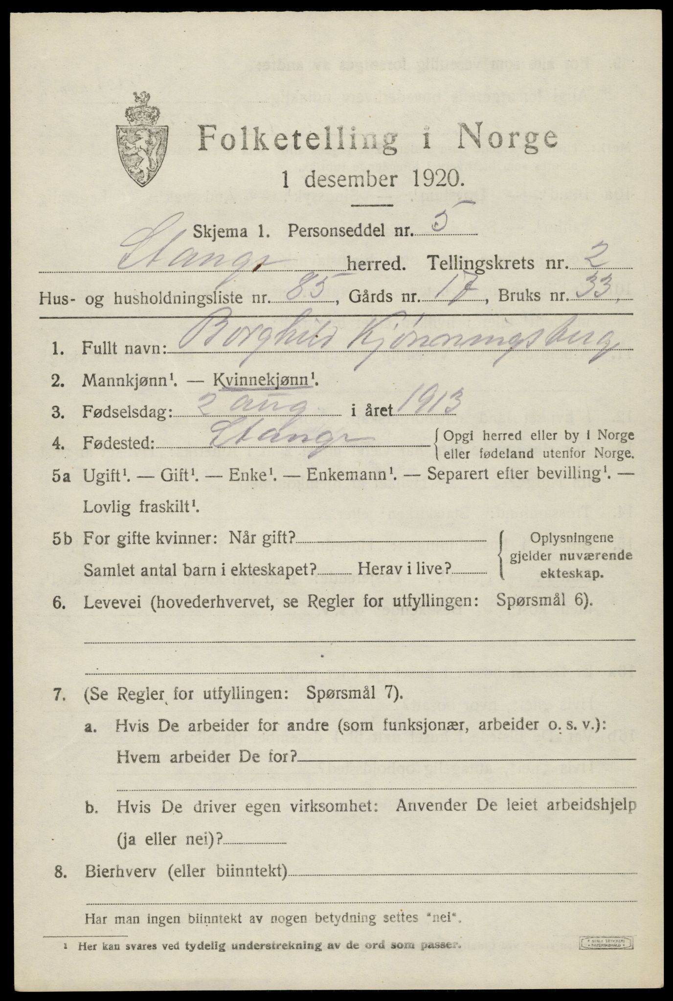 SAH, 1920 census for Stange, 1920, p. 5185