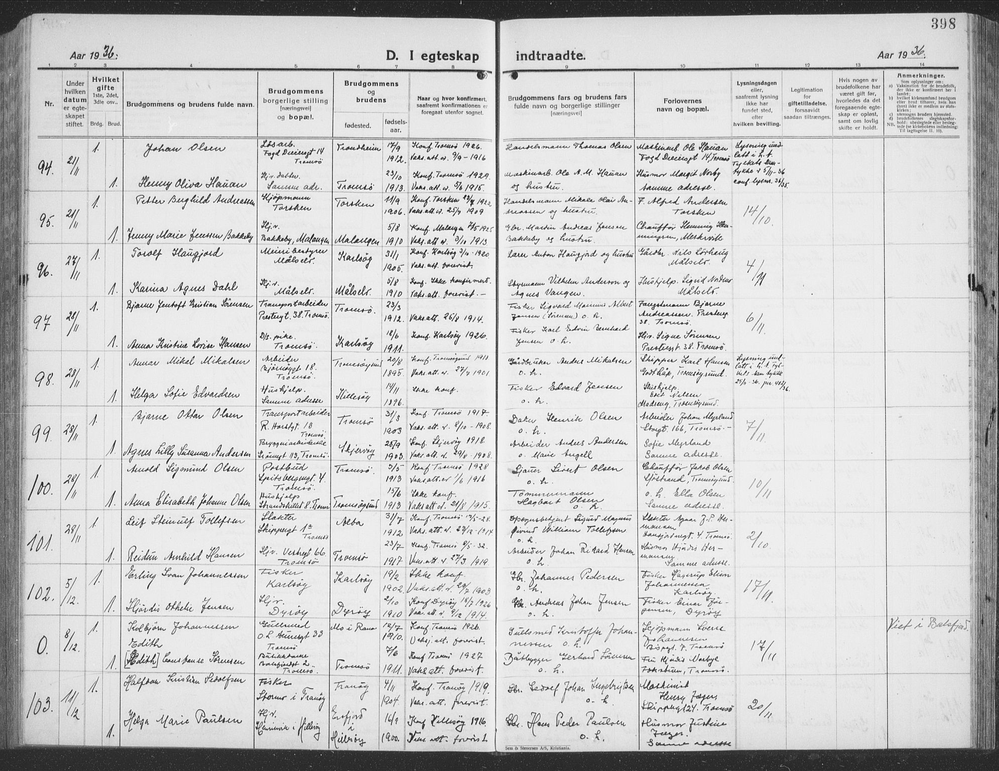 Tromsø sokneprestkontor/stiftsprosti/domprosti, AV/SATØ-S-1343/G/Gb/L0010klokker: Parish register (copy) no. 10, 1925-1937, p. 398