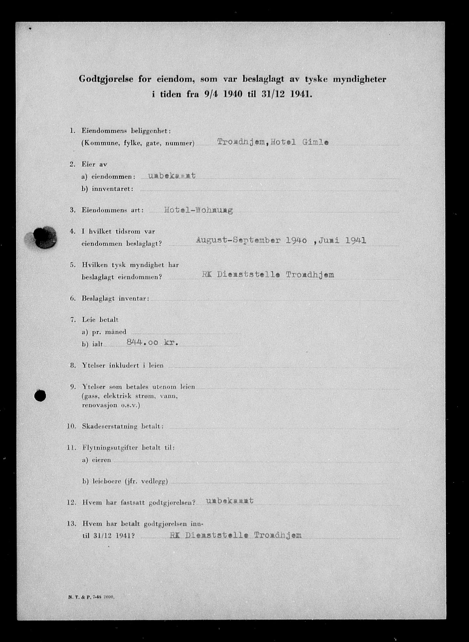 Justisdepartementet, Tilbakeføringskontoret for inndratte formuer, RA/S-1564/I/L1018: Godtgjørelse for beslaglagt eiendom, 1940-1941, p. 232