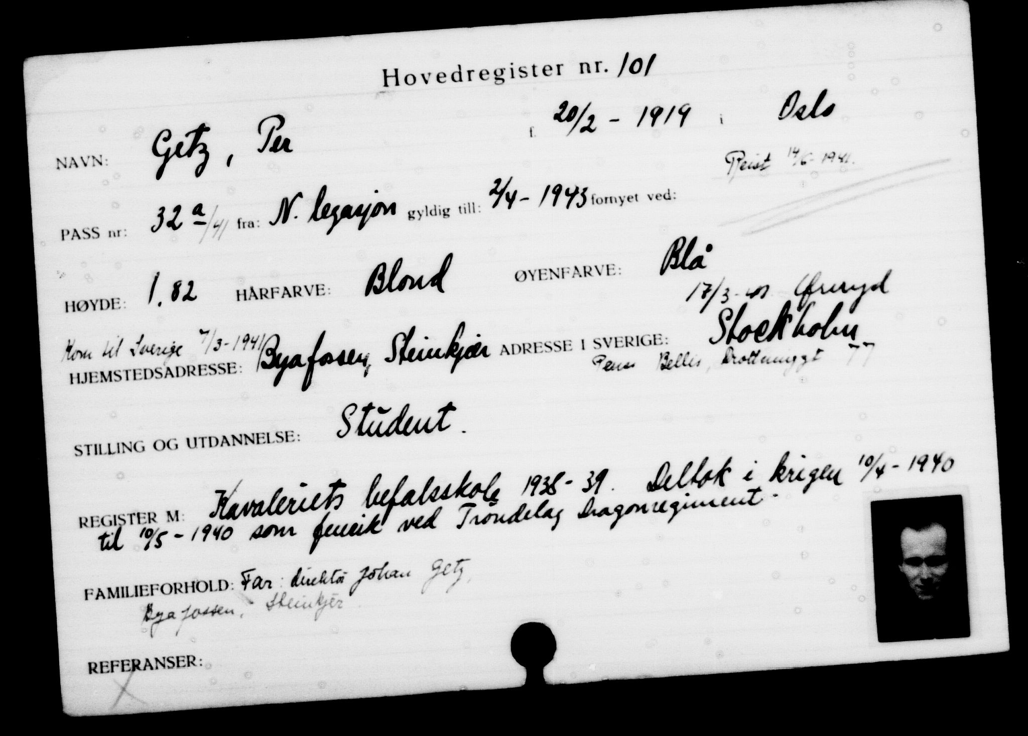 Utenriksstasjonene, Legasjonen i Stockholm, Flyktningkontoret, AV/RA-S-6753/V/Va/L0001: Kjesäterkartoteket, flyktninger med registreringsnr. 1-1000, 1940-1945, p. 172